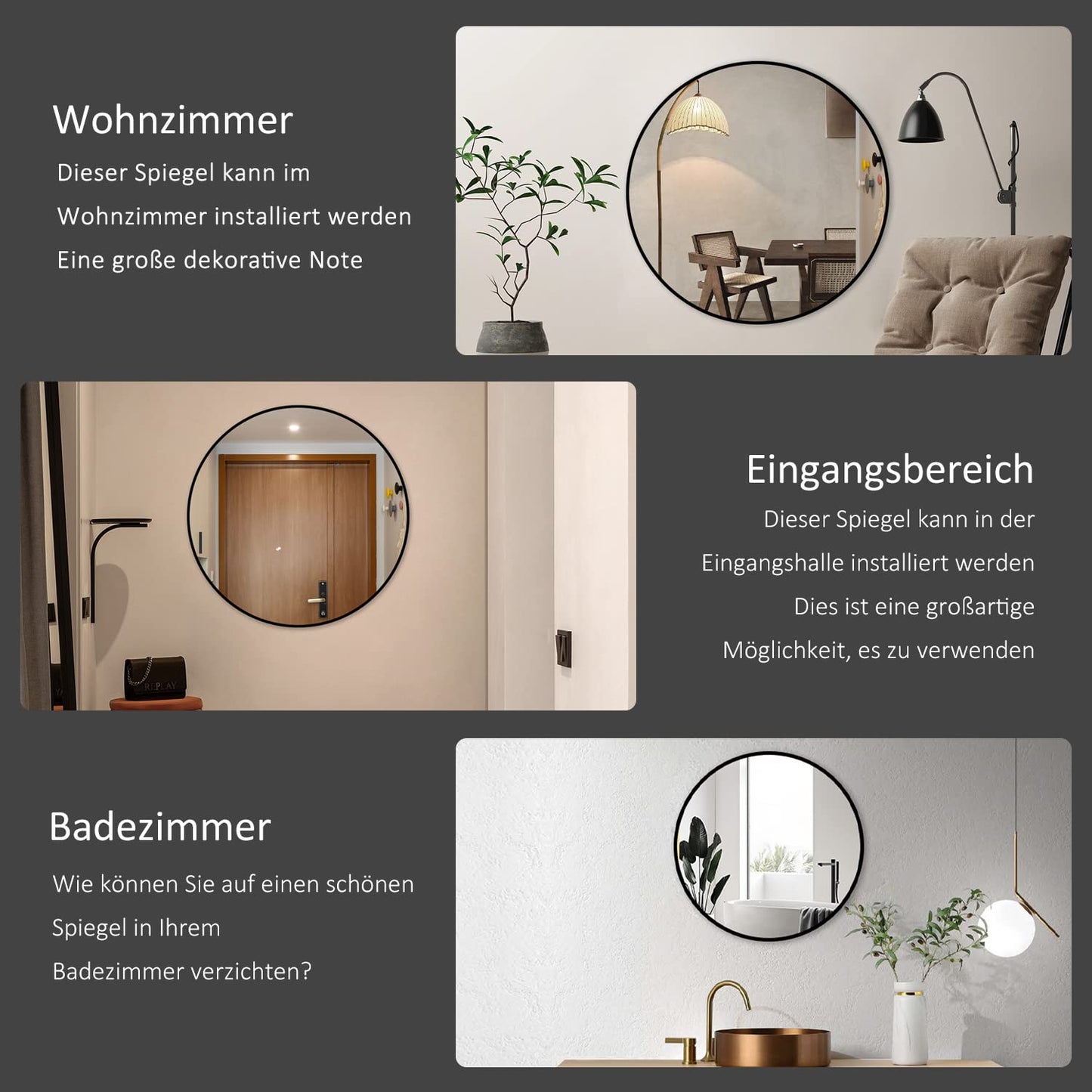 Goeze's Round Mirror Black 60cm Round Bathroom Mirror Black Metal Frame Mirror Decorative Bathroom Wall Mirror for Bathroom, Living Room, Guest WC