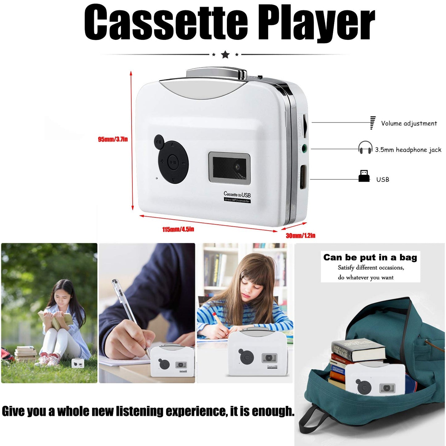 Standalone cassette player, USB cassette to MP3 converter directly onto USB disk audio music player with headphones.