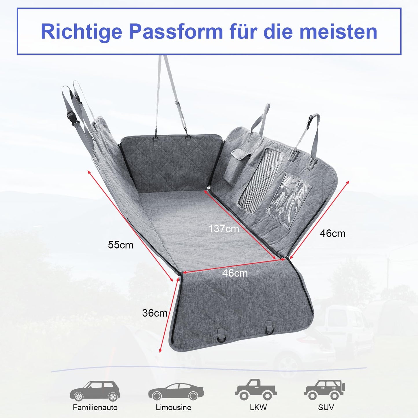 Dog car seat cover, dog car seat mat with PVC window and storage bag, 900D durable, scratch-resistant, non-slip car back seat dog cover with universal size, suitable for cars/trucks/SUVs.