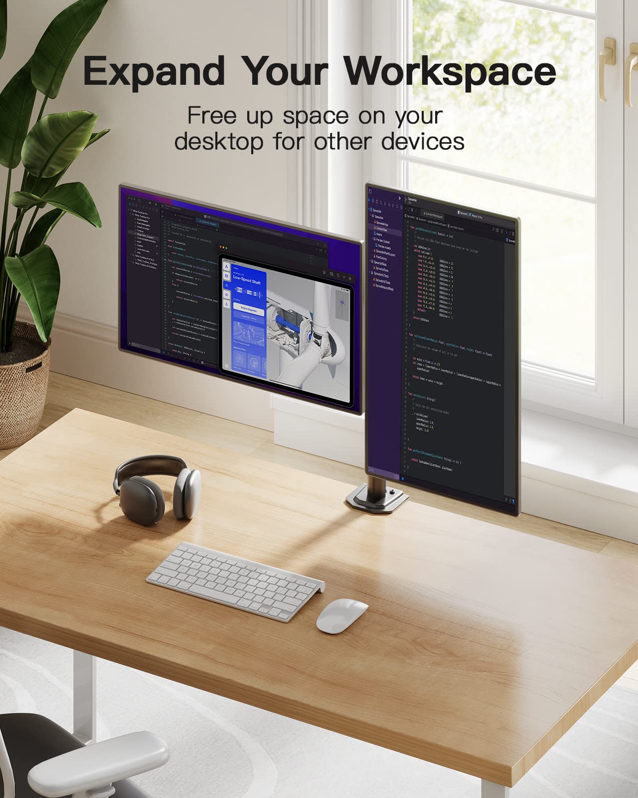 HUANUO dual monitor stand for 13-30 inch screens. Adjustable monitor stand for two monitors with tilt and swivel function. Holds up to 10 kg per arm. VESA 75/100 compatible.
