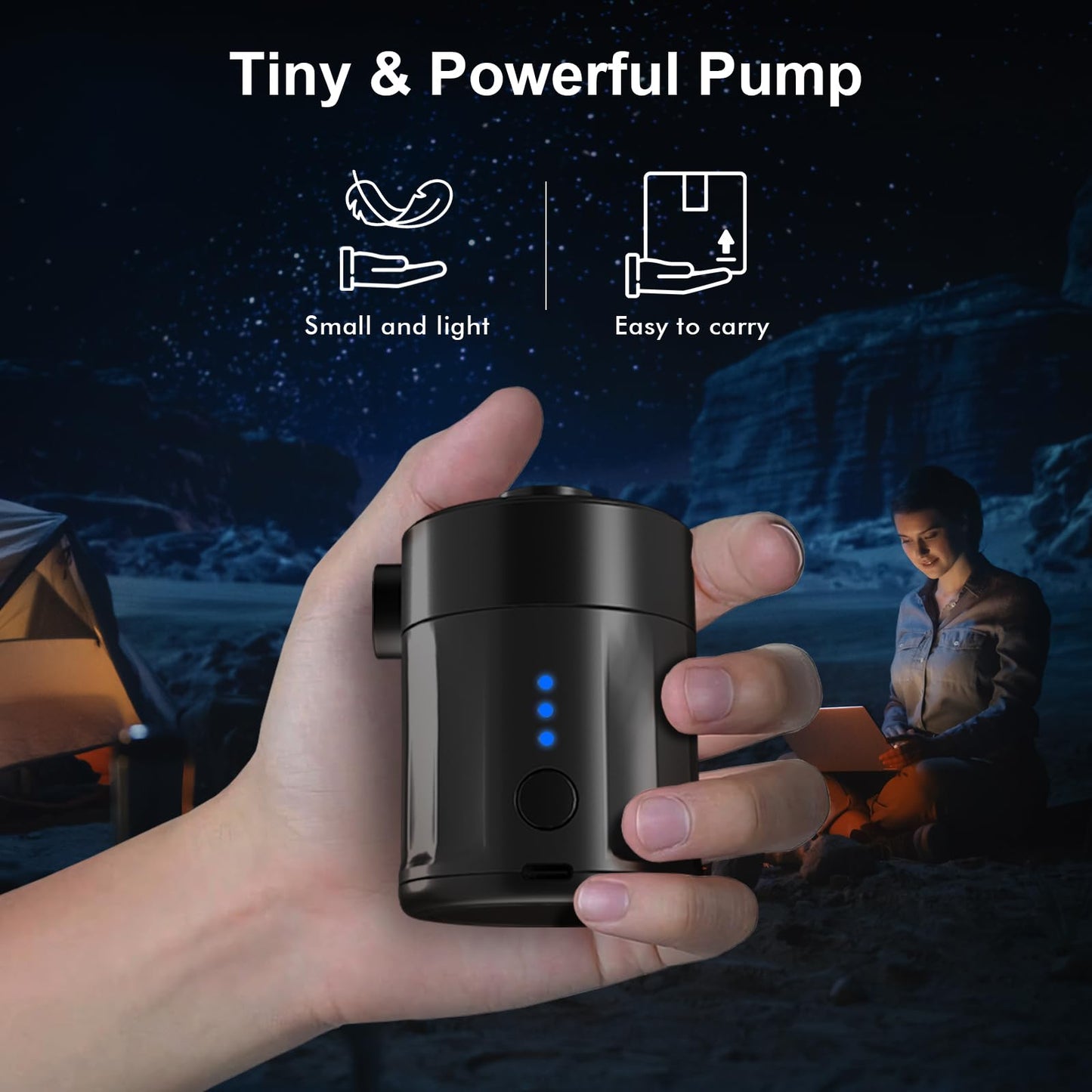 Mojimdo Portable Electric Air Pump, 5000 Pa Pump Battery, 450L/Min, Compact Air Pump with 4 Nozzles, for Camping, Air Mattress, Swim Ring, Air Cushion, Inflatable Boat, Vacuum Bag.
