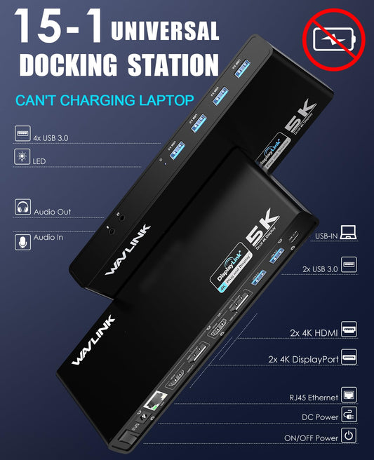 WAVLINK USB 3.0 Universal Laptop Docking Station, USB C to 5K/Dual 4K @ 60Hz video outputs Dual Monitor for Windows, (2 HDMI & 2 DP, Gigabit Ethernet, 6 USB 3.0)