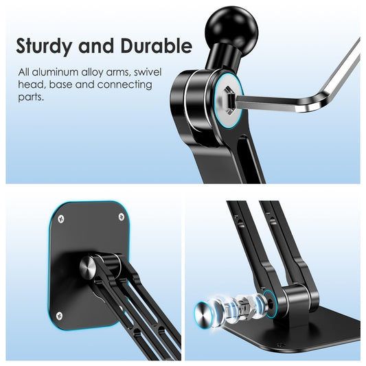 Lucrave Tablet Wall Mount, Aluminum retractable iPad Wall Mount, with 360° rotatable base adjustable and foldable for iPad Pro Air Mini, Samsung Galaxy Tab, all 4.7-13" phones and tablets