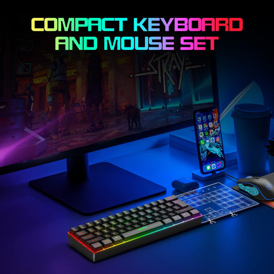 HXSJ V700 Gaming Keyboard and Mouse Set, 60% Compact Keyboard, 61 keys, TKL Layout, RGB Lighting, Optical Gaming Sensor Mouse with 7 buttons, 7-color LED light, Up to 3600 DPI, for PC, Mac-Black
