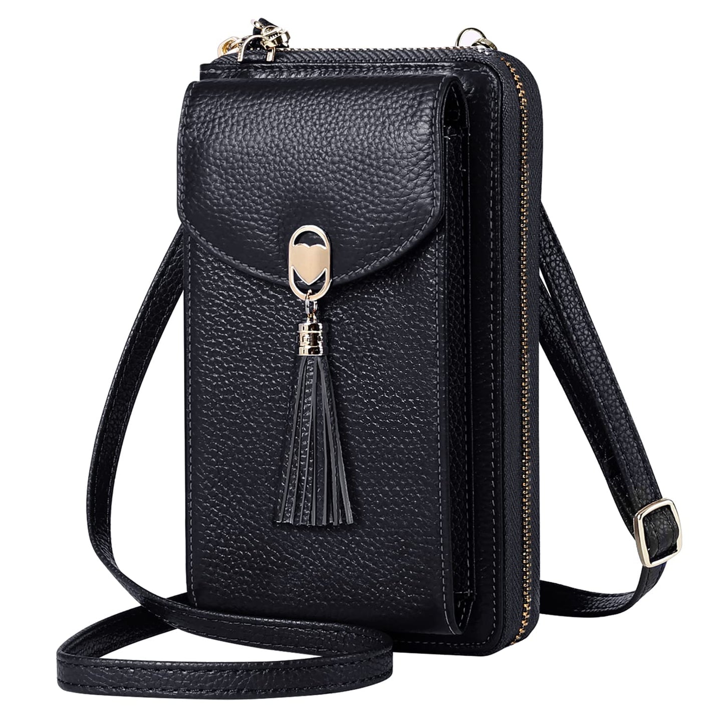 BTNEEU crossbody phone purse for women is made of leather with RFID protection. It features 12 card slots, adjustable shoulder strap, and can hold your phone and wallet securely. Available in black.