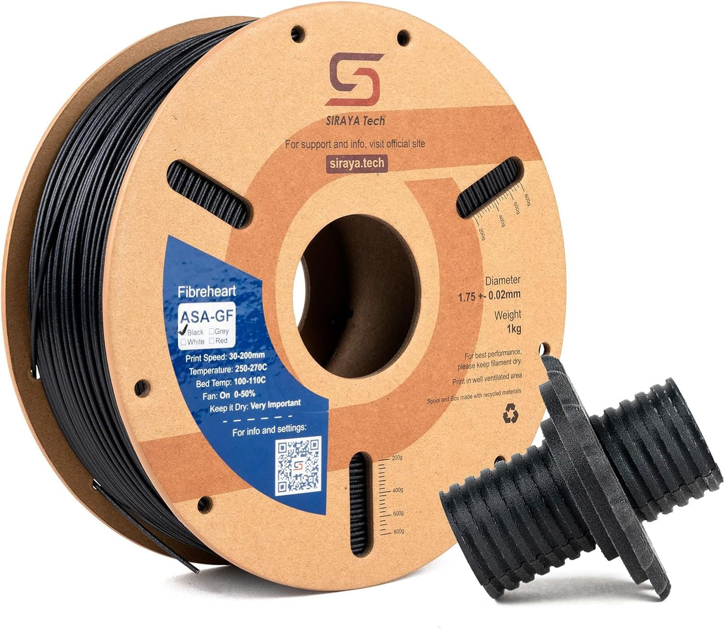 Siraya Tech Fibreheart ASA-GF 3D printer filament, ASA reinforced with glass fiber for exceptional strength and UV resistance - automotive components, industrial assemblies (1kg, Black)