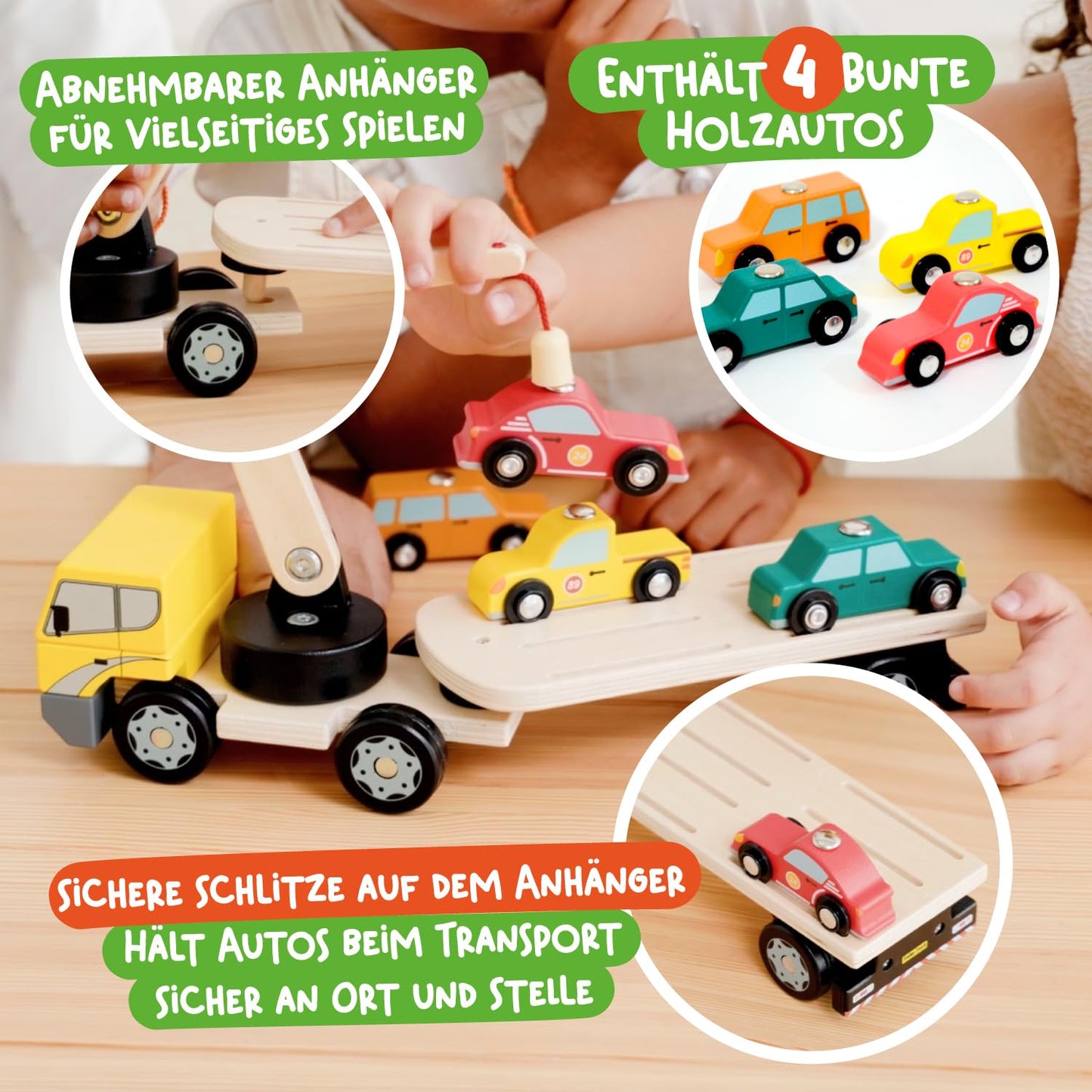 Nene Toys wooden car transporter with crane & 4 magnet cars - magnetic toy for kids aged 2 years & up - Montessori wooden toy & learning game with vehicles - gift for boys girls 2-3 years