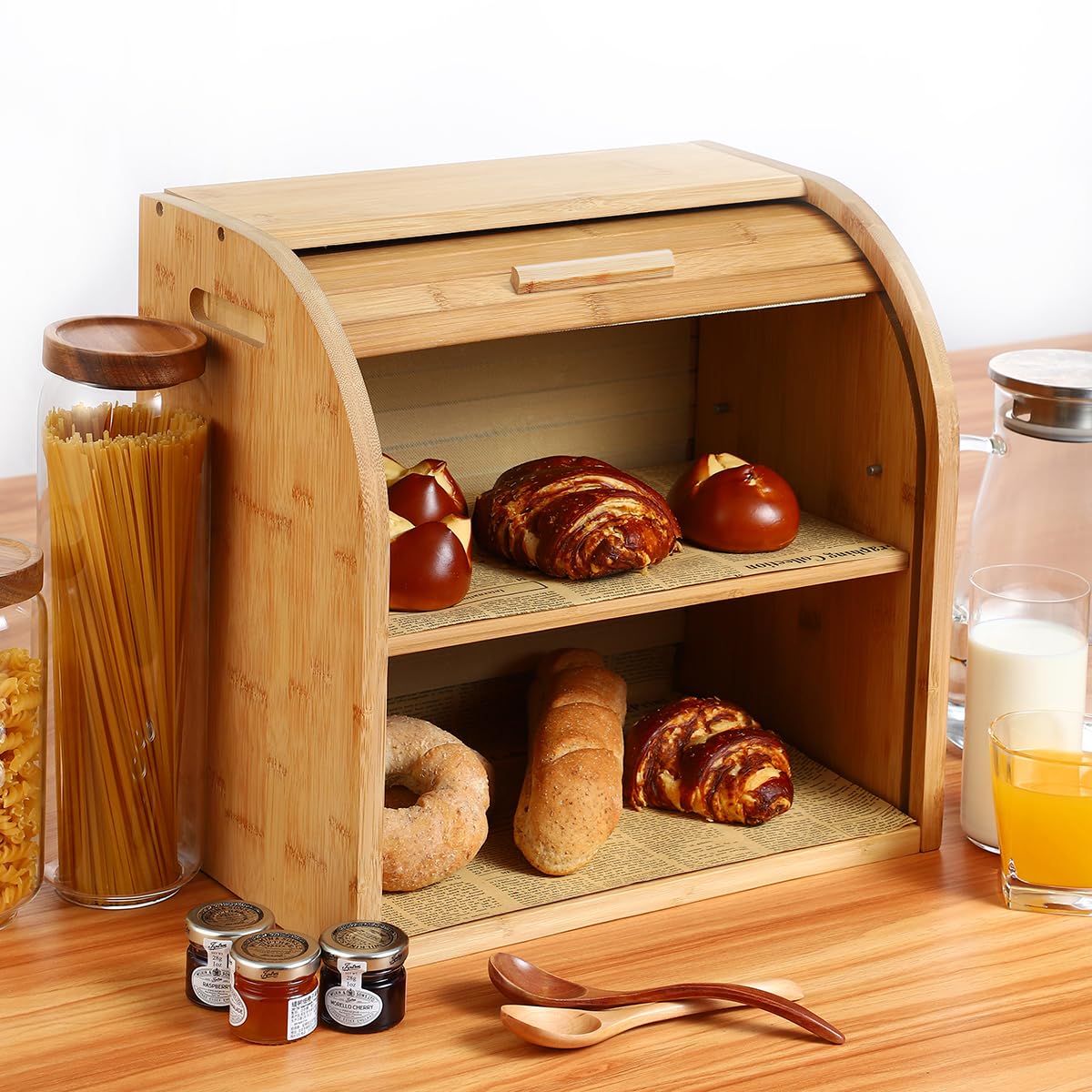 G.a HOMEFAVOR Bamboo Bread Box 2-Tier Bread Holder Roll-Top Bread Storage with Removable Layer, Self-assembly, 38x25x34cm