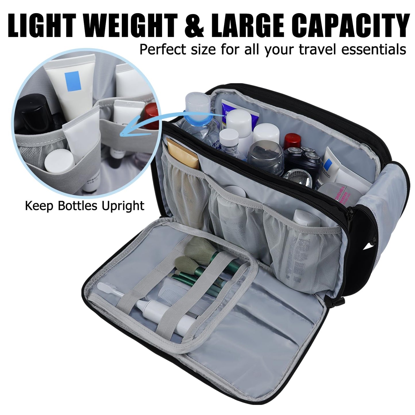 Gloppie toiletry bag for men and women. Large 10L waterproof travel wash bag with wet/dry pouch. Ideal for kids, adults, in black.