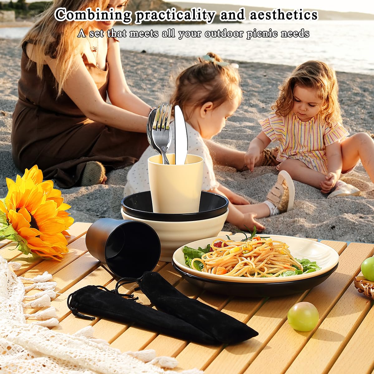 Kyraton Camping Cutlery Set, reusable Lightweight Cup, Bowls, Plates and Stainless Steel Cutlery with black pouch, dishwasher safe.