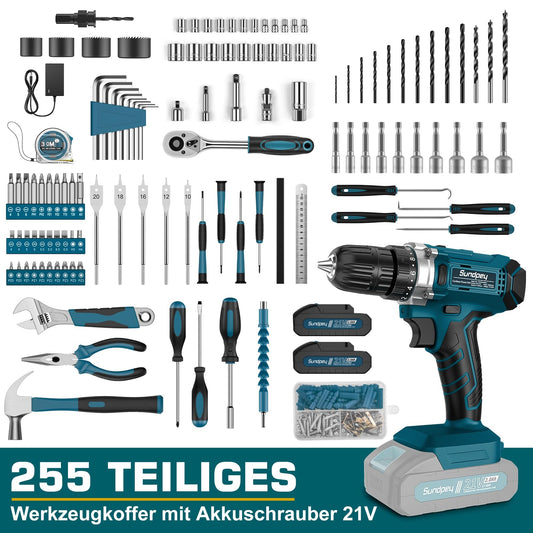 255-piece tool kit with 21V cordless drill - Sundpey cordless drill set with 2 * 2000mAh battery tool kit filled for home/car repairs Toolbox storage case with drawer