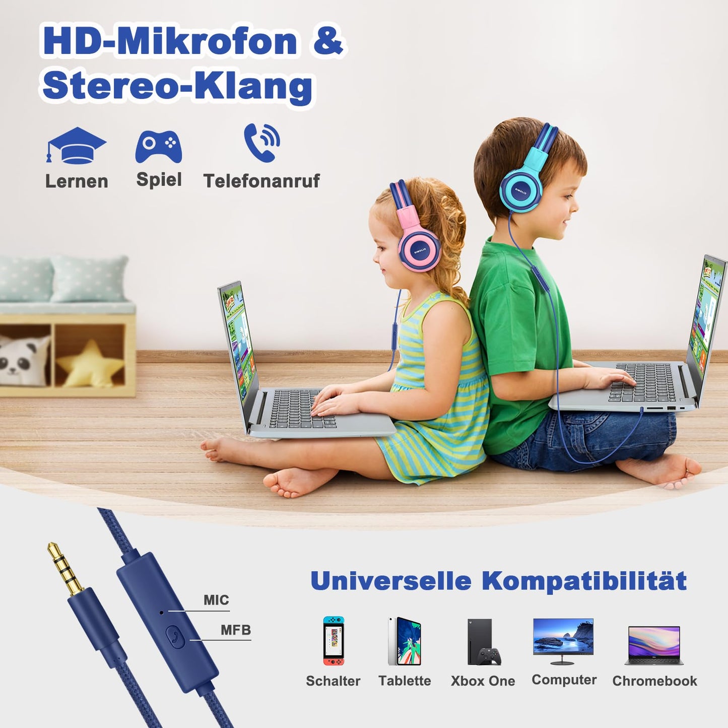 2 sets of headphones for children with portable cases, kid-safe headphones with limited volume, wired headphones for girls, boys, on-ear kids' headphones for school, travel mint + pink