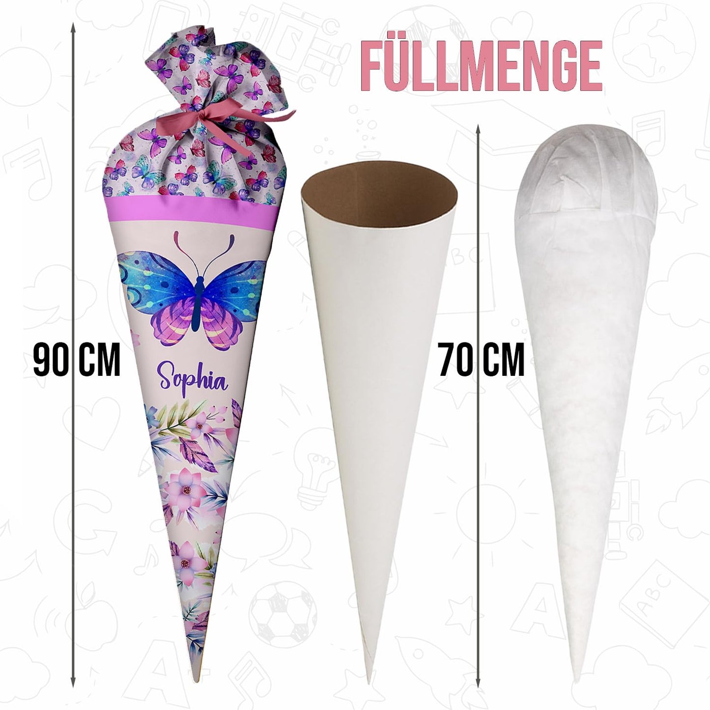Fierce school cone butterfly for girls, personalized bag made of fabric, 70 cm cone with name, round cardboard core and filling of silicone beads, large bag as a pillow.