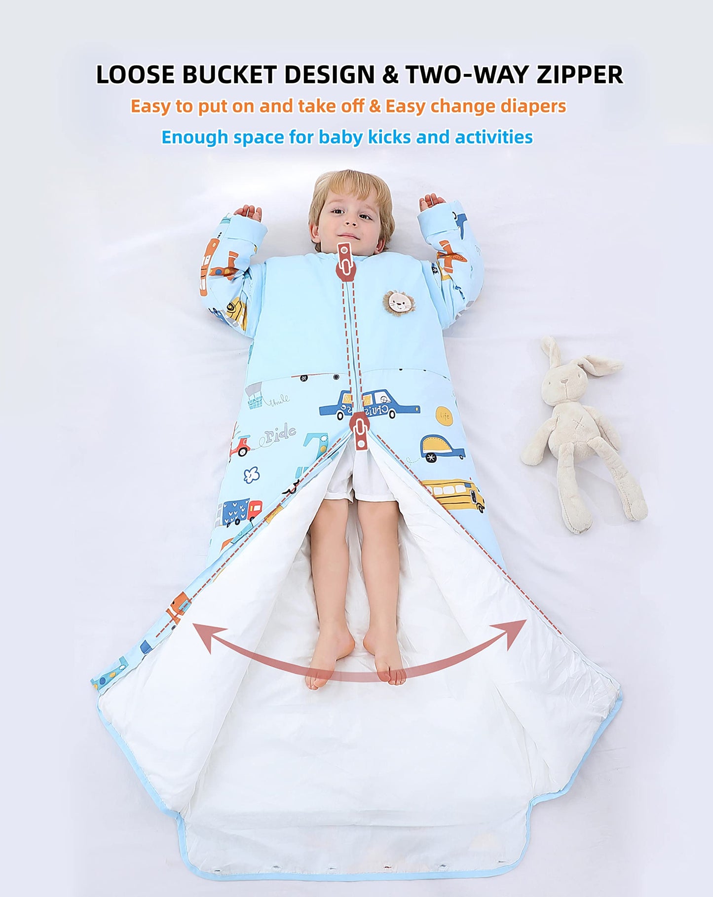 Chilsuessy Winter 2.5 Tog Kids Sleeping Bag with Removable Sleeves Organic Baby Sleeping Bag All Season Sleeping Bag for Boys and Girls 1-10 years old, 2.5 Tog/Colorful Bus, M (70-100 cm)