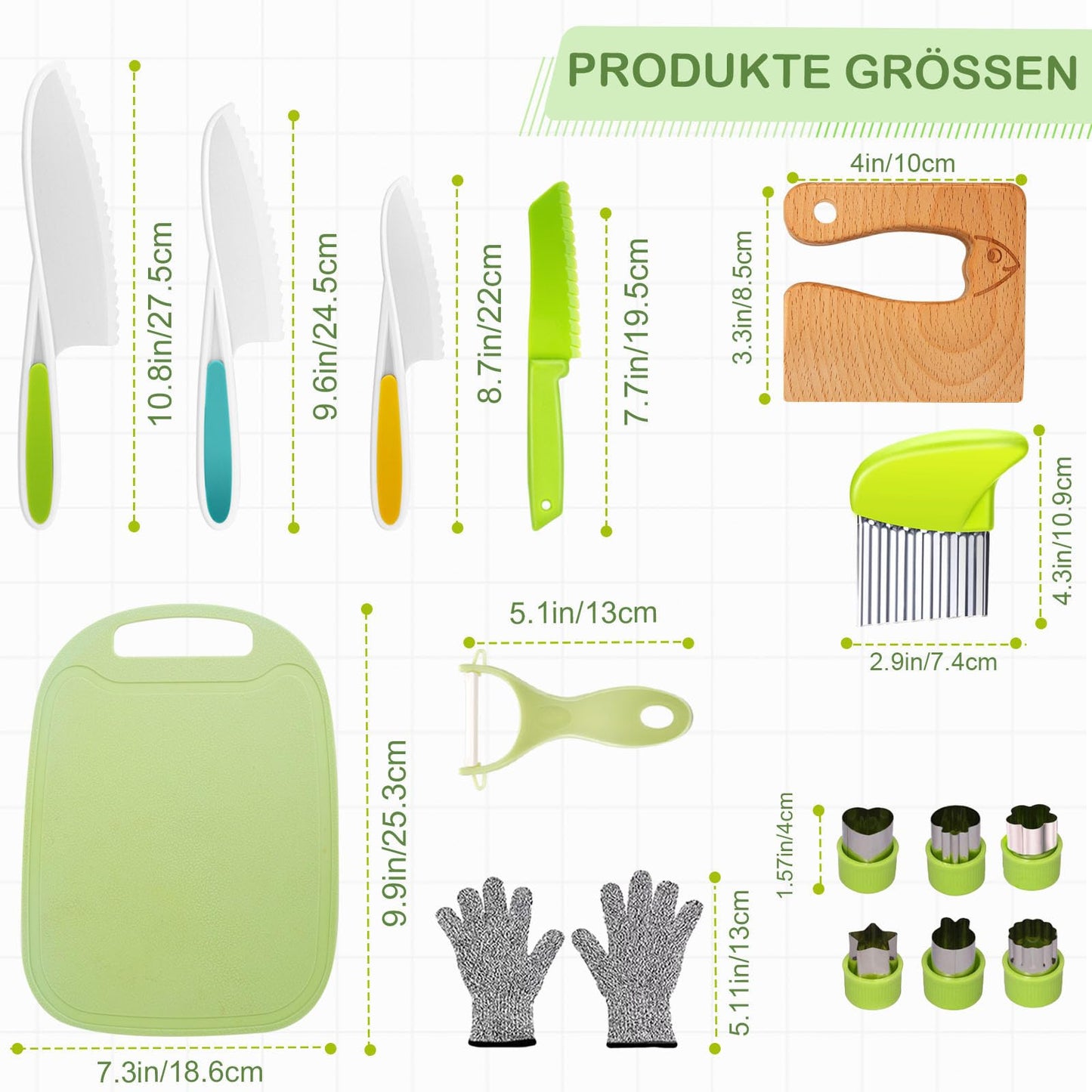 Children's Knife 16-piece children's kitchen knife set for cutting and cooking fruit or vegetables for toddlers, including wooden knife cutting board peeler children's scissors cookie cutters (fish)