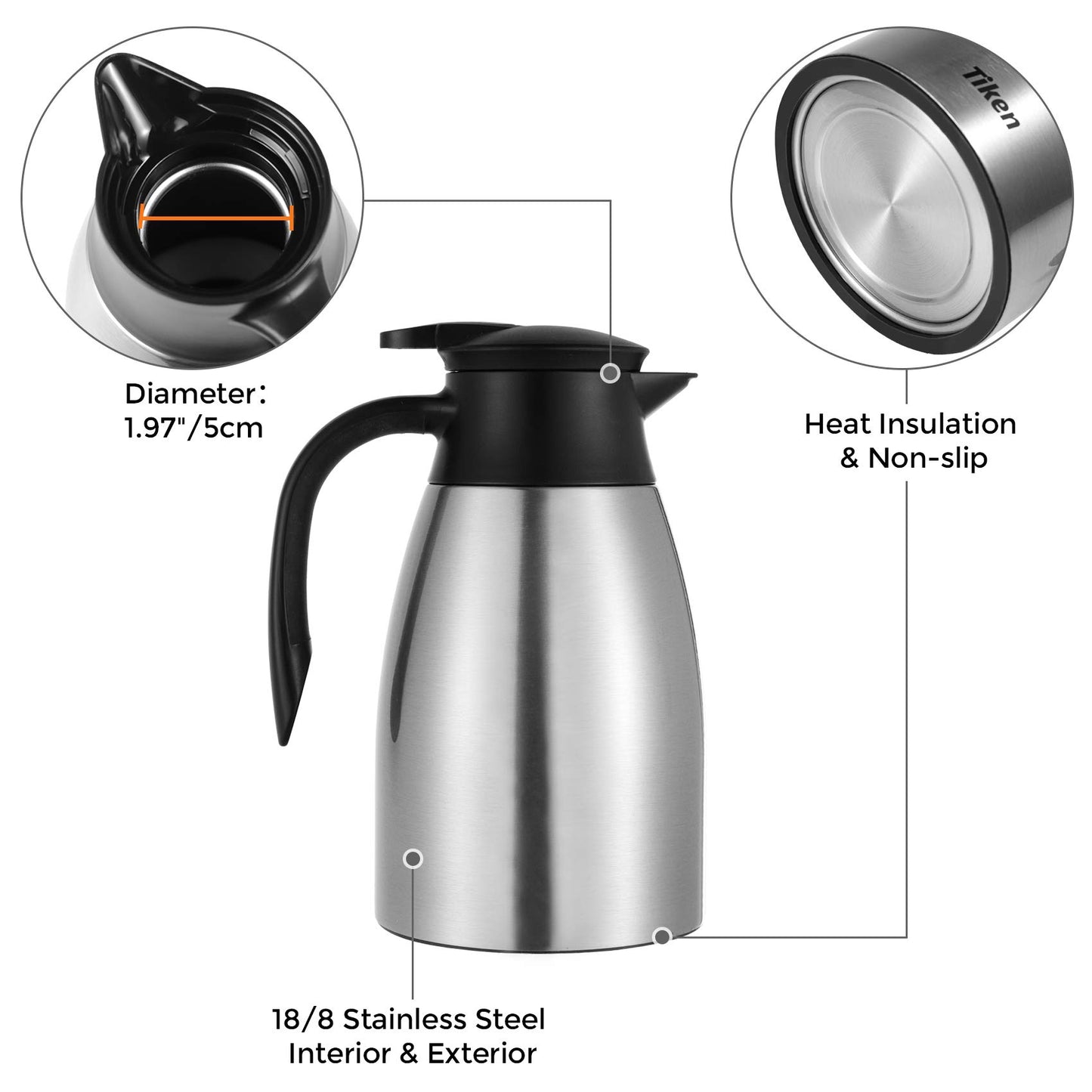 Tiken 1.5L stainless steel double-walled vacuum insulated thermos flask, insulated coffee pot, silver.