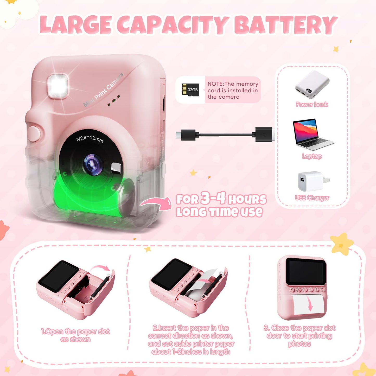 CalineGam instant camera for kids, 3.0 inch screen 48MP children's camera instant camera with 32GB card, 1080P HD camera kids instant print, gift for 3-12 boys and girls (pink)