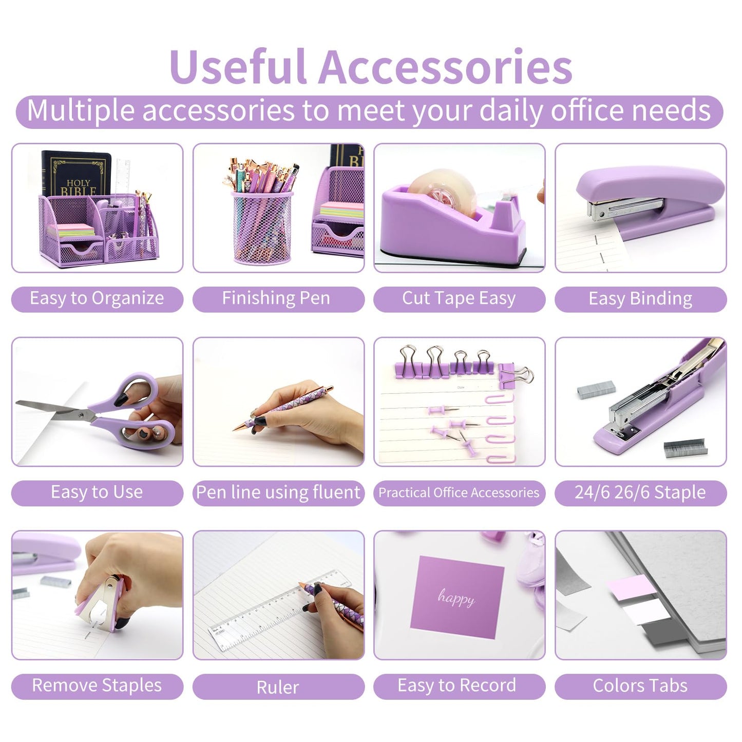 12-in-1 Purple Office Supplies, purple desk organizer and accessory set, purple office supplies purple stapler pen holder tape dispenser, staples, staple remover for school, gifts for colleagues, wife