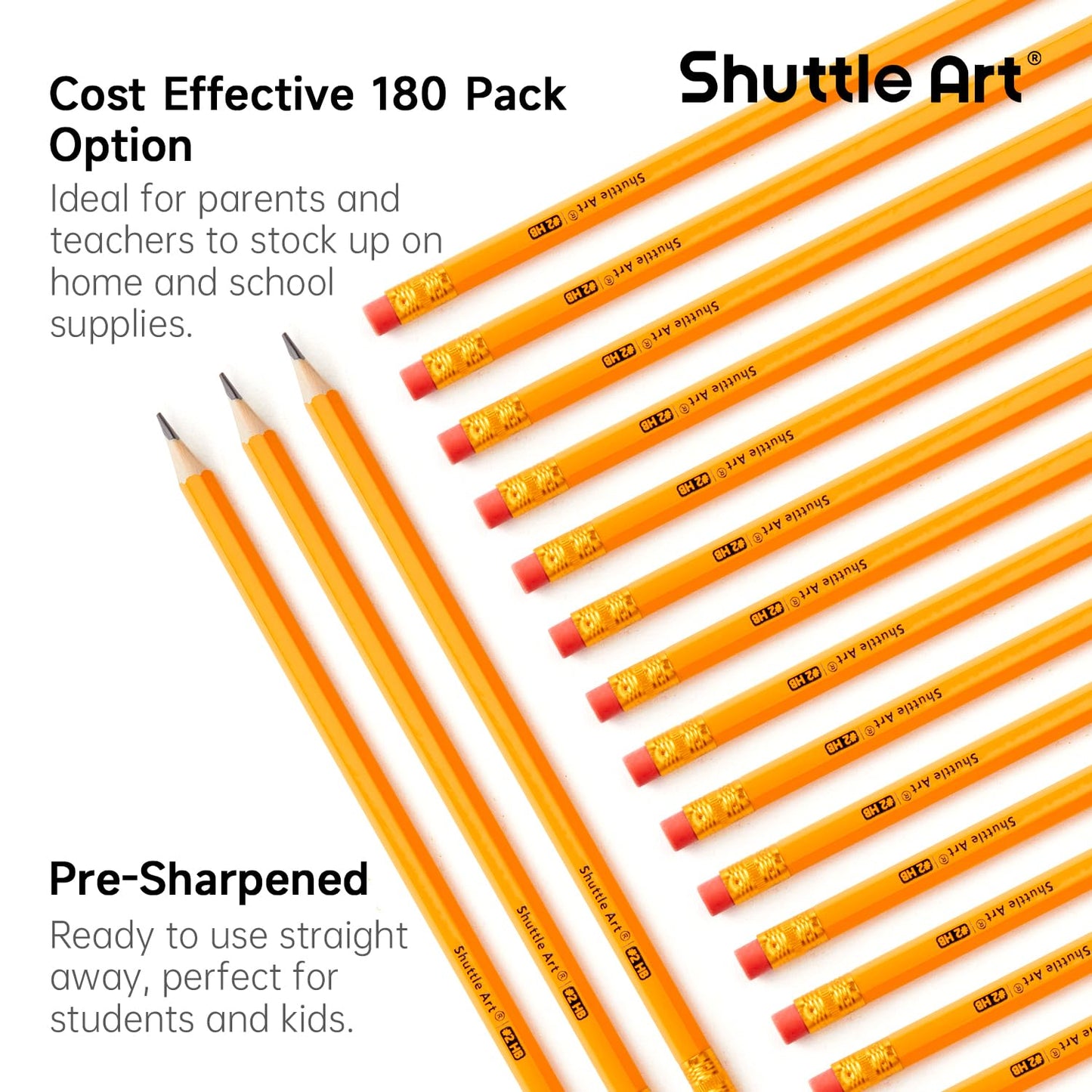 Shuttle Art HB Pencils, 180 pre-sharpened yellow pencils with eraser, graphite pencils in bulk packaging, pencil set for kids and adults for writing, drawing, and sketching.