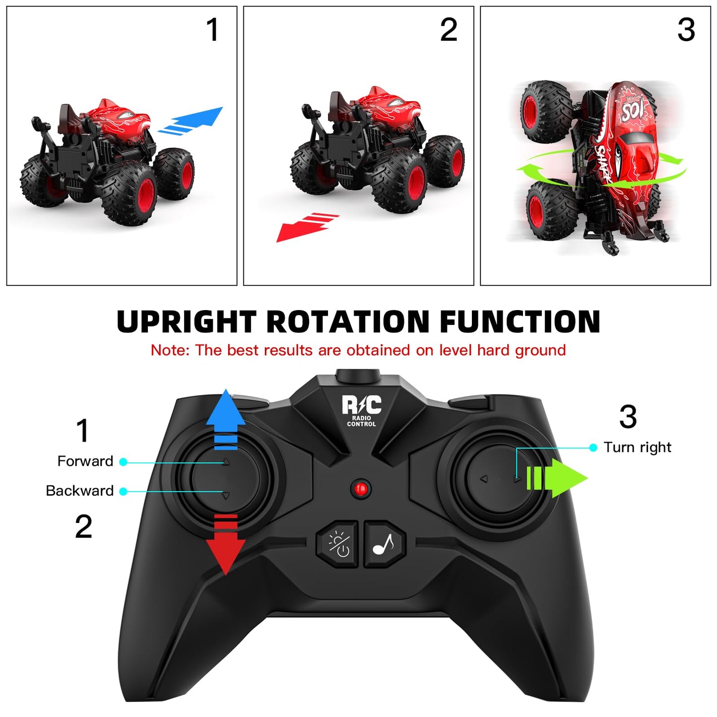ACAMMZAR Remote Control Car, 2.4GHz 20+km/h RC Monster Truck with 2 Batteries 60 Mins+, RC Stunt Toy Car Spray Mist Music, for 6 7 8 9 10 Year Old Kids Adults, Red