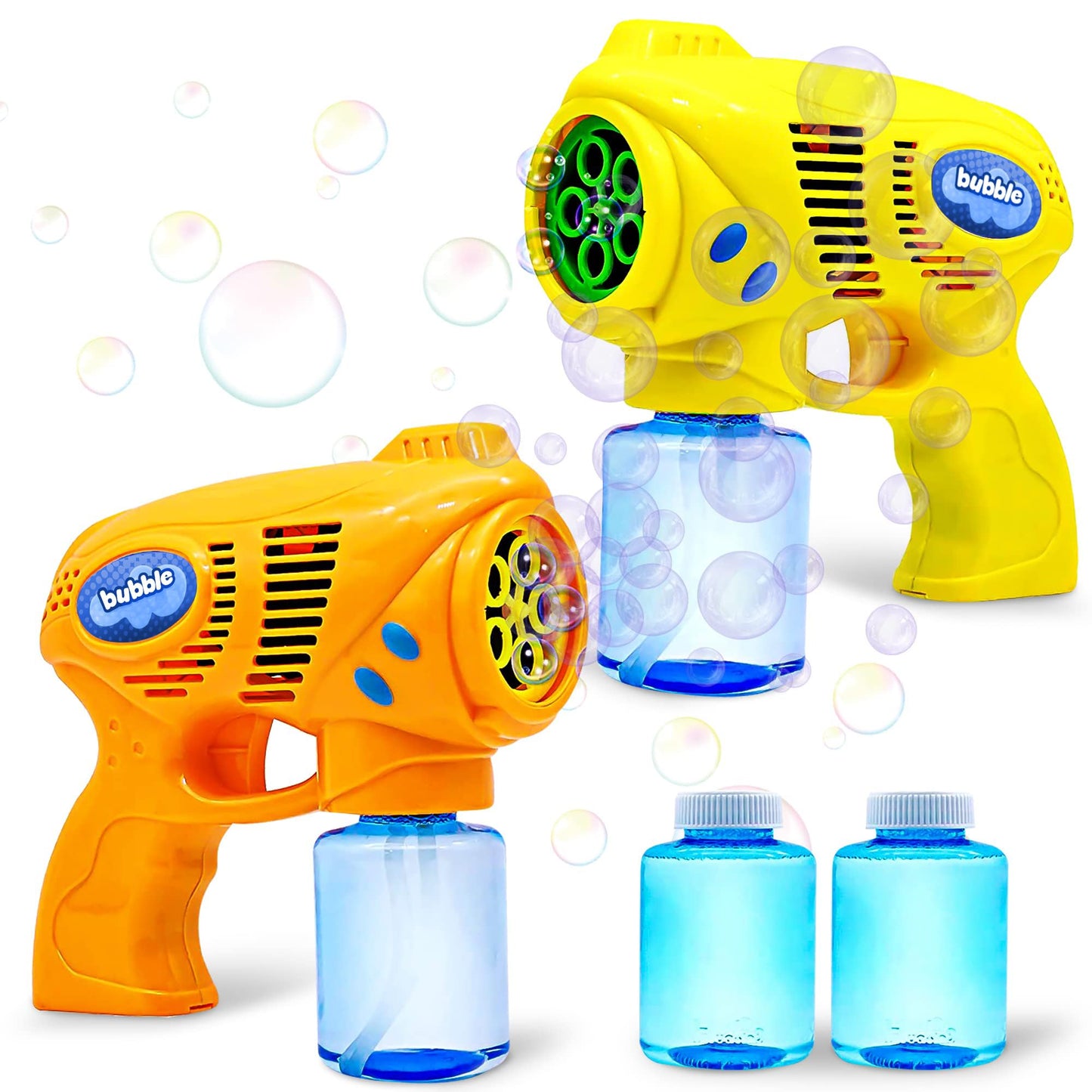 JOYIN 2 Bubble Guns for Kids with Bubble Solution (2 * 130 ml), bubble machine for parties, Bubble Gun for Halloween, indoor outdoor activities, Easter (yellow + orange)