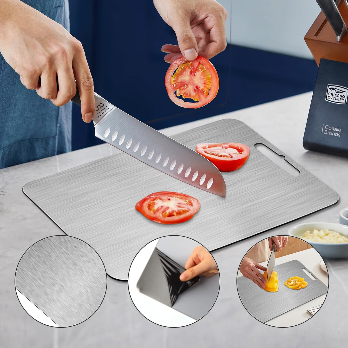 2 pieces of titanium cutting board, 304 stainless steel cutting board, double-sided food grade, for cutting meat, vegetables, fruits (34x23,25x15cm)