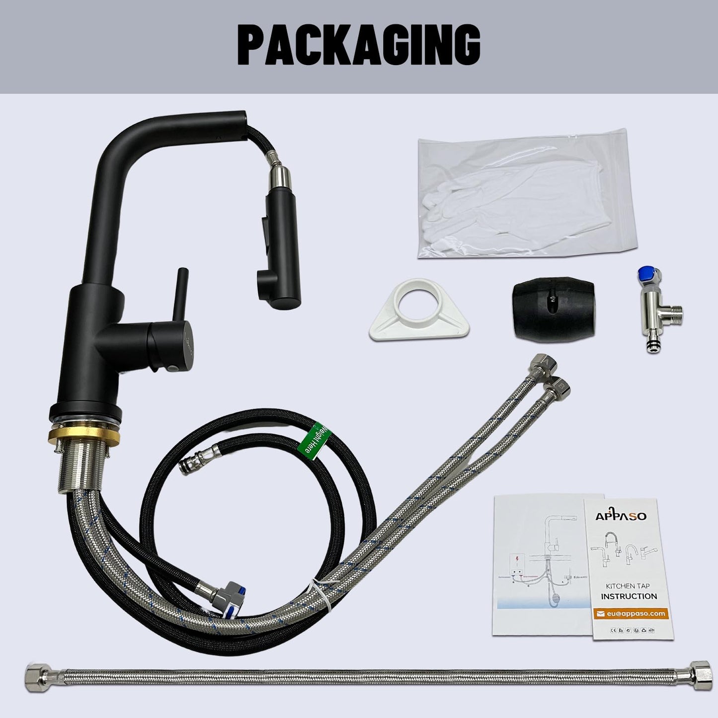 APPASO Low Pressure Kitchen Faucet Black, Kitchen Tap 3 Connectors, Low Pressure Kitchen Mixer Tap, Low Pressure Sink Mixer with 2 Spray Modes, Stainless Steel Black Mixer for Boiler.