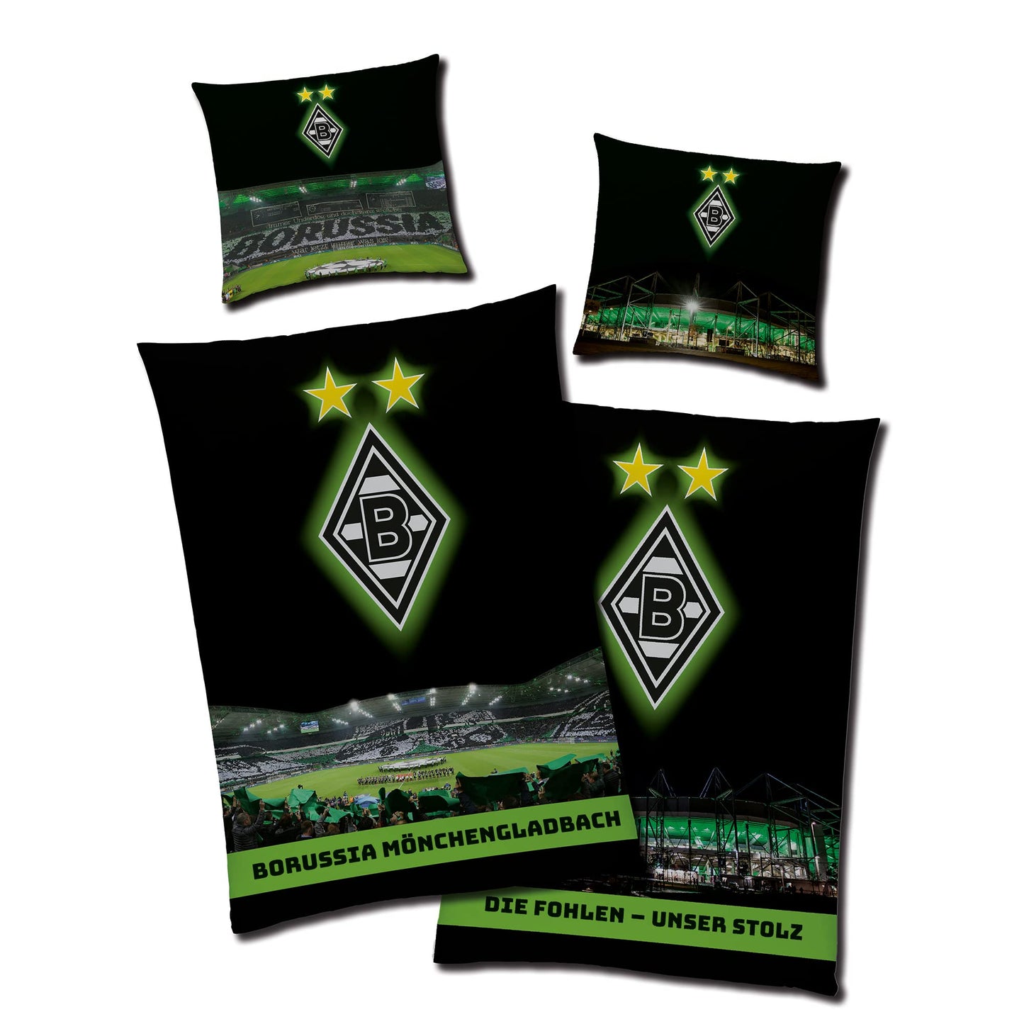 Borussia Mönchengladbach reversible bedding - Borussia-Park glows in the dark 135 x 200 + 80 x 80 cm 100% cotton Linon football fan VFL 1900 Lower Rhine German size with YKK zipper.