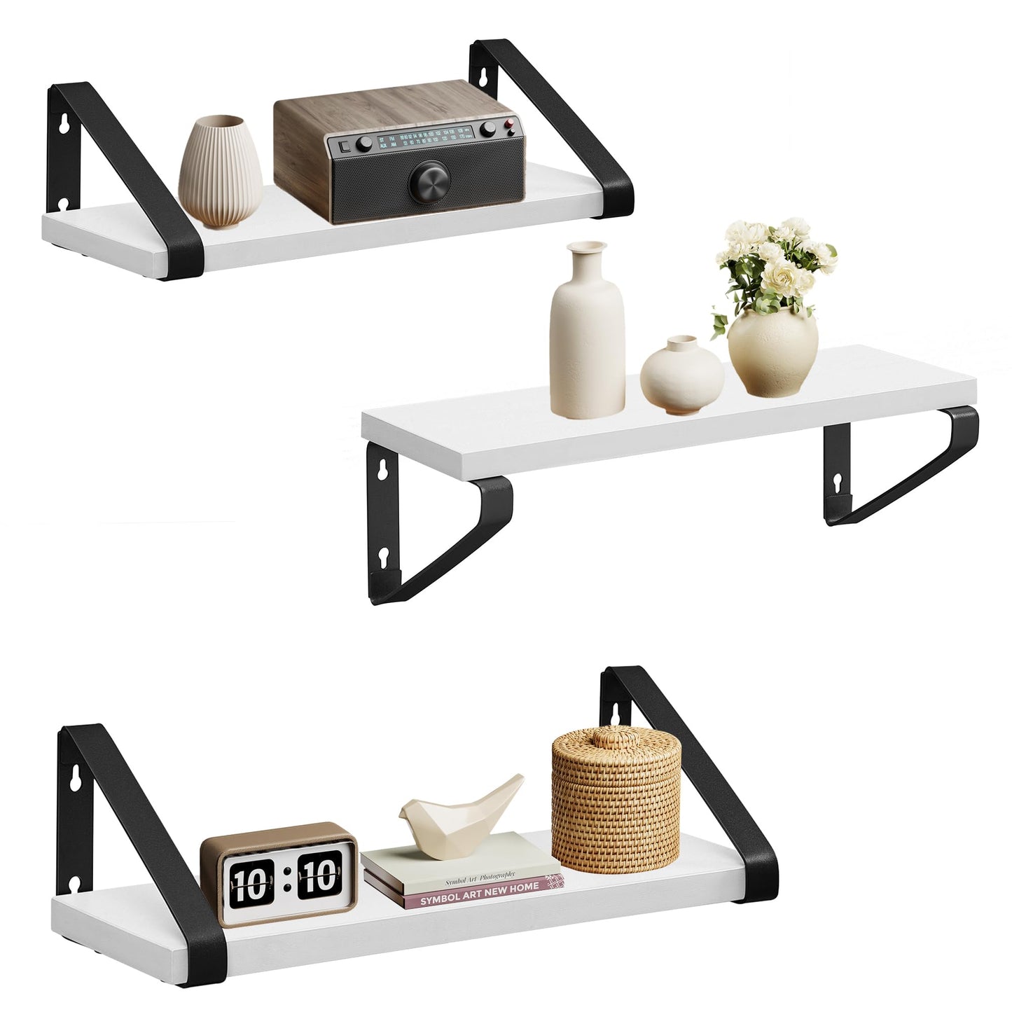 VASAGLE Wall Shelf, Floating Shelf, Set of 3, Shelf Board, 2 Mounting Options, 30/35/40 cm, for Living Room, Kitchen, Home Office, Bathroom, White-Matte Black LWS033B14