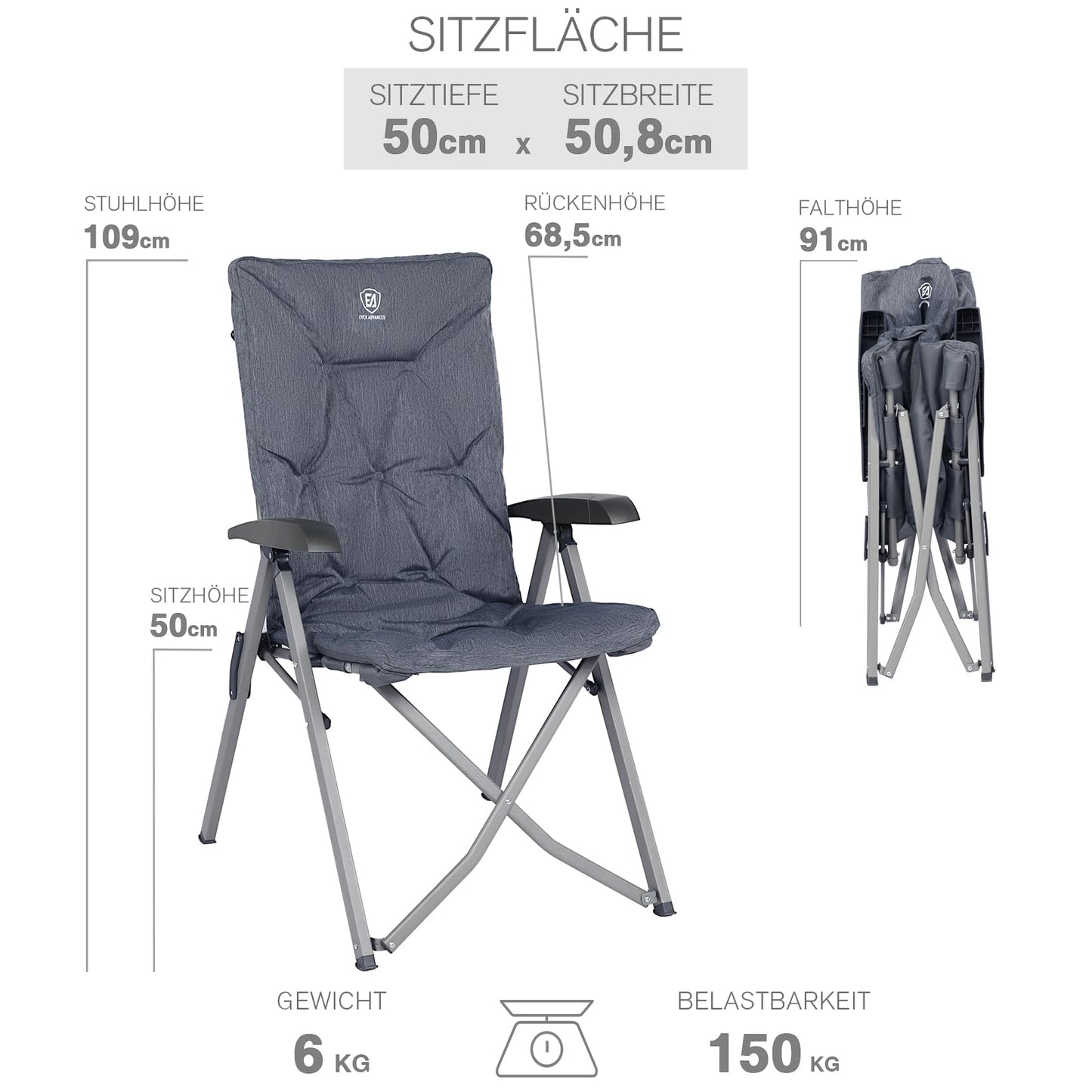 EVER ADVANCED Folding Camping Chair with 4-Position Adjustable Backrest, 330lbs Capacity, Luxury Padded 6cm Thick Garden Chair, High Backrest Fishing Chair for Camping Garden Balcony, Alu+Steel.
