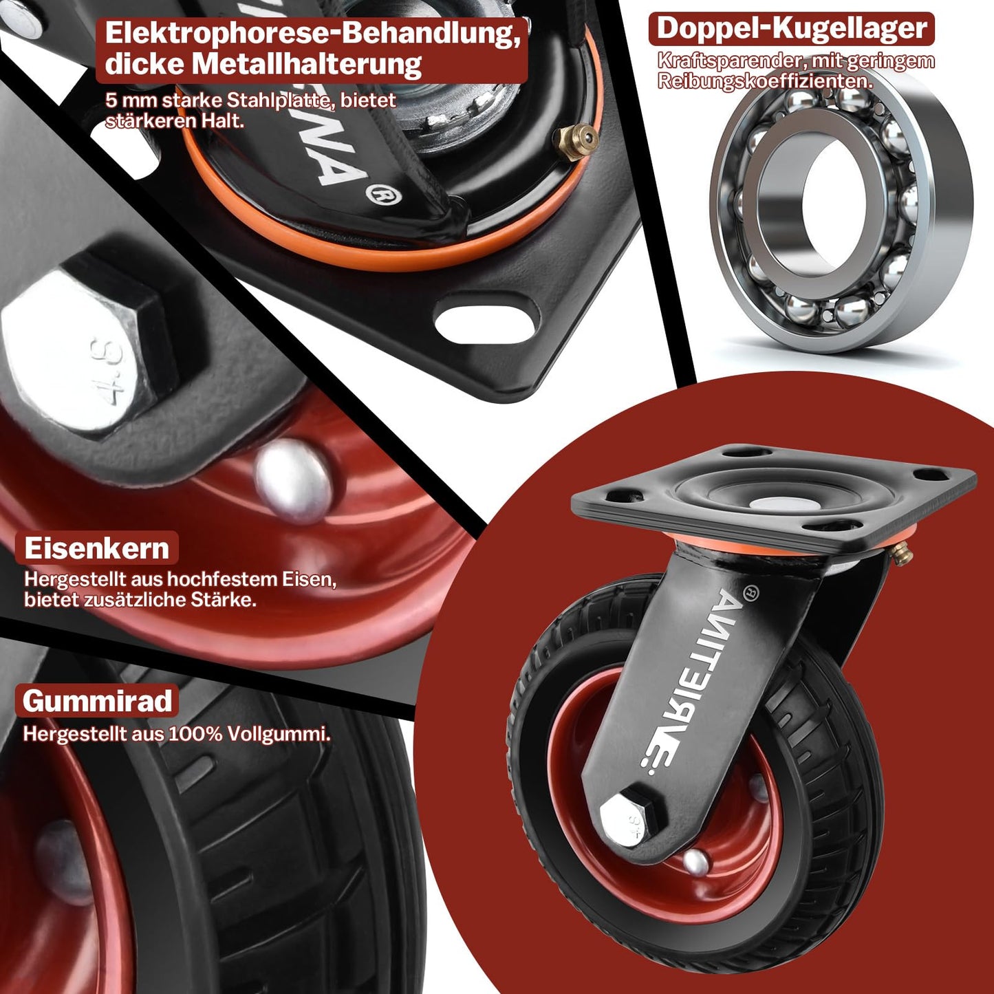 4 heavy-duty casters 150mm swivel casters with brakes, 360° rotating transport casters with heavy-duty top plate solid rubber wheels made of non-slip polychloride load capacity 1000kg (2 swivel casters 2 brake casters).