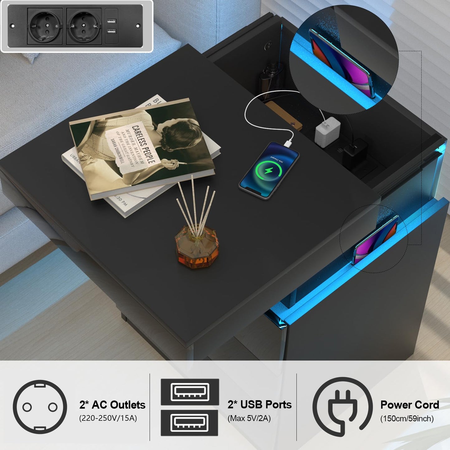 Lvhcmfohm Nightstand Black 2-Piece Set, Bedside Table with LED Light and Outlet, Nightstand with 3 Drawers and Hidden Sliding Cabinets for Living Room, Bedroom (45x40x67cm)