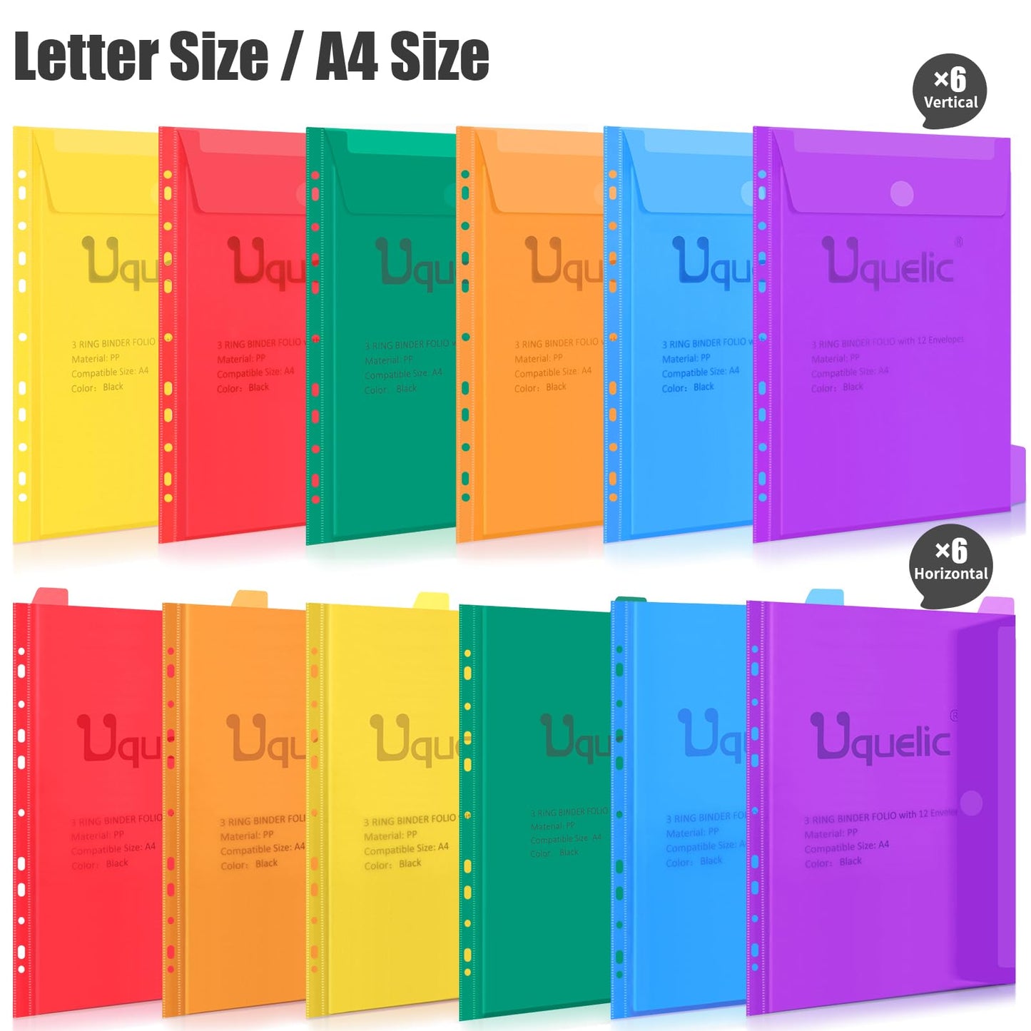 Uquelic A4 document folder for filing, A4 slim ring binder with 12 plastic document pockets (6 colors), Waterproof folder organizer - Transparent