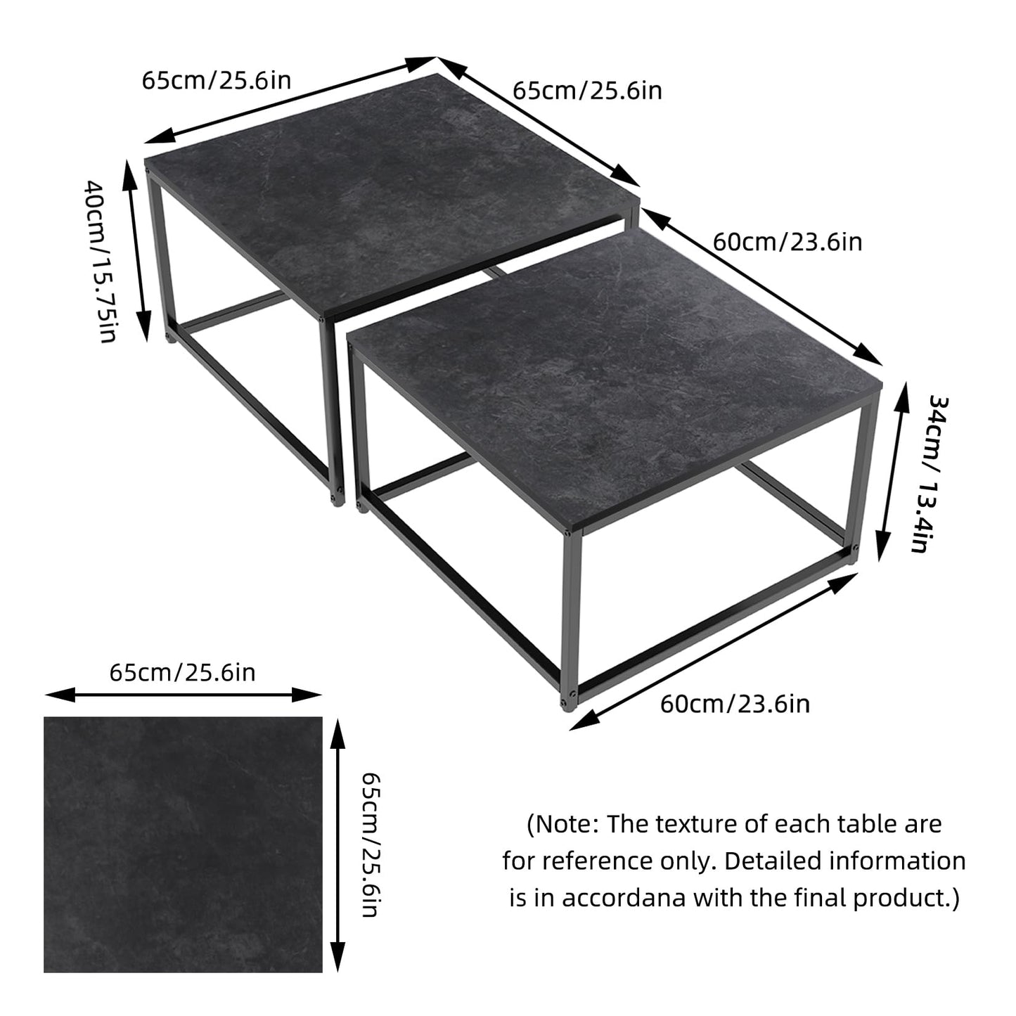 FATIVO Coffee Table Black Marble Living Room Table: set of 2 side tables modern square with metal frame for large living room: 65×65×40cm small: 60×60×34cm