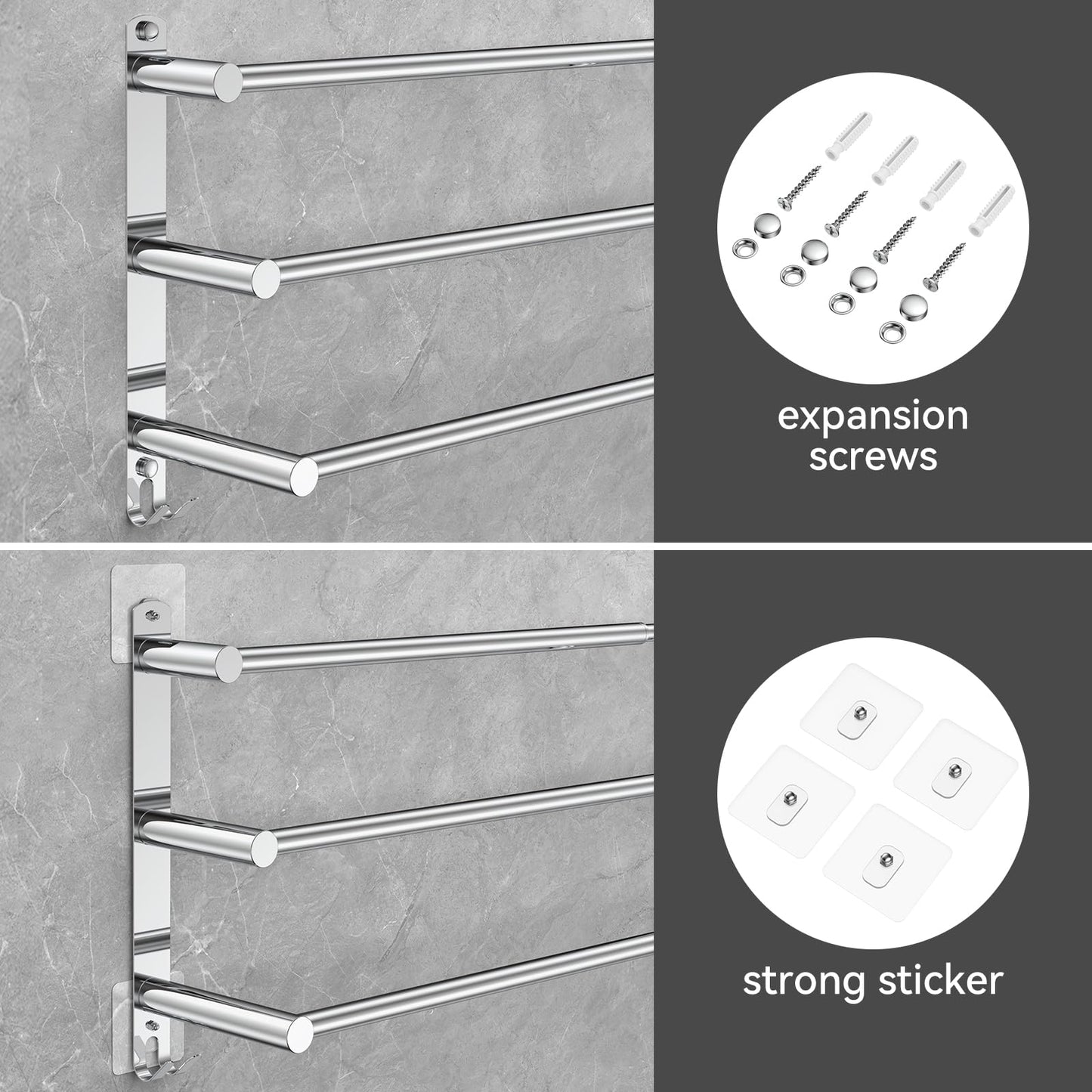Towel rack Extendable 43-78CM without drilling Stainless steel double towel bar Bathroom Wall adhere bath towel holder wall mount (Silver 3-Bar)