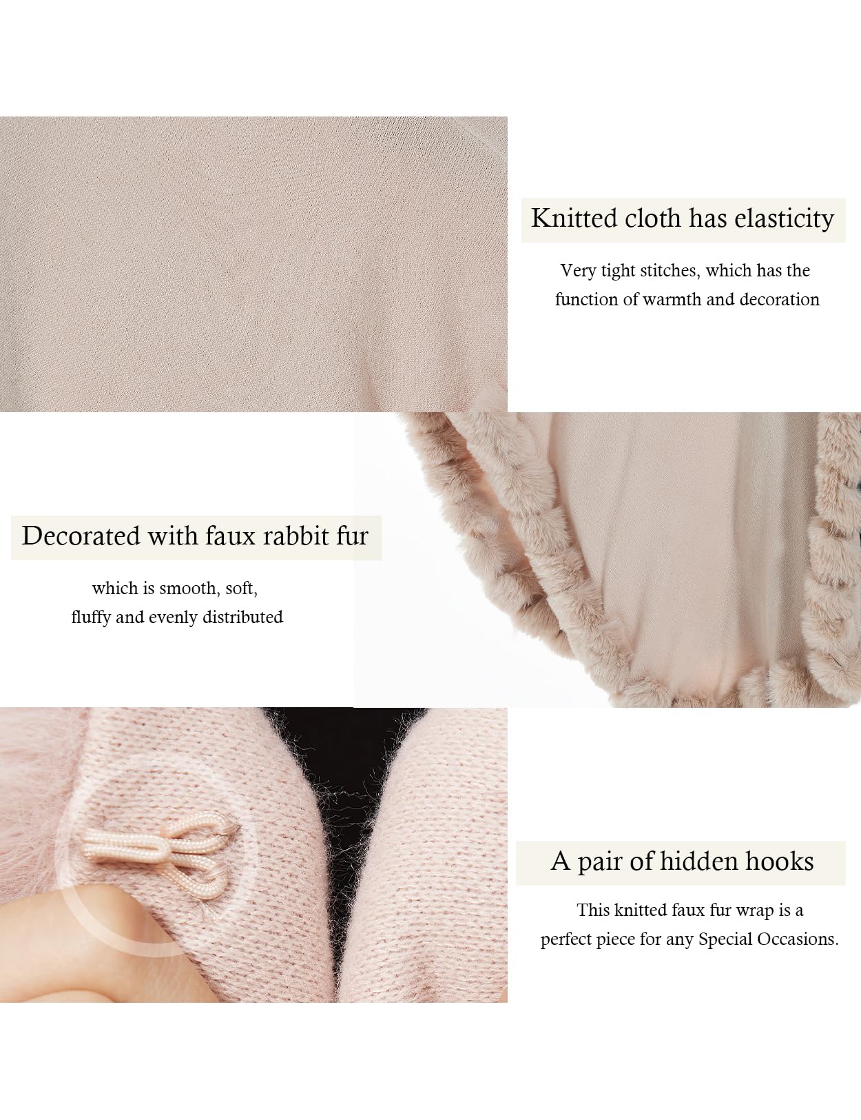 BEAUTELICATE Faux Fur Poncho Cape Knit Women's Winter Faux Fur Shawl Scarf Stole Cape Cardigan Warm with Collar for Wedding Ceremony Festive (Nude Pink, One Size)