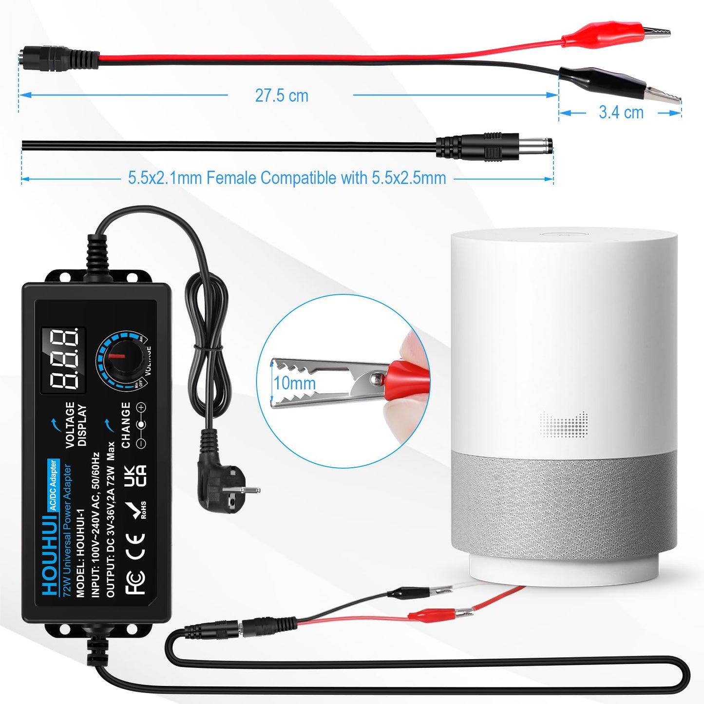 3V-36V Adjustable Power Supply Universal Power Adapter 2A 72W Adjustable Power Adapter 100V-240V AC to DC with LED Voltage Display and 5.5x2.5mm 16Tips for Household Electronics, DC Motor 2A Max