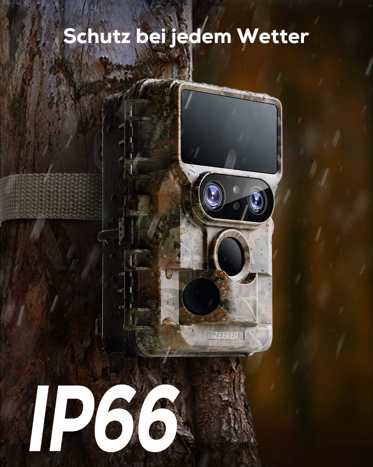 iZEEKER Trail Camera WiFi Dual Lens 4K 30fps 60MP, Wildlife Camera with Starlight Night Vision Motion Sensor, 120° Detection Angle 0.1s Trigger Time, Game Camera with 32GB SD Card and 4 Batteries
