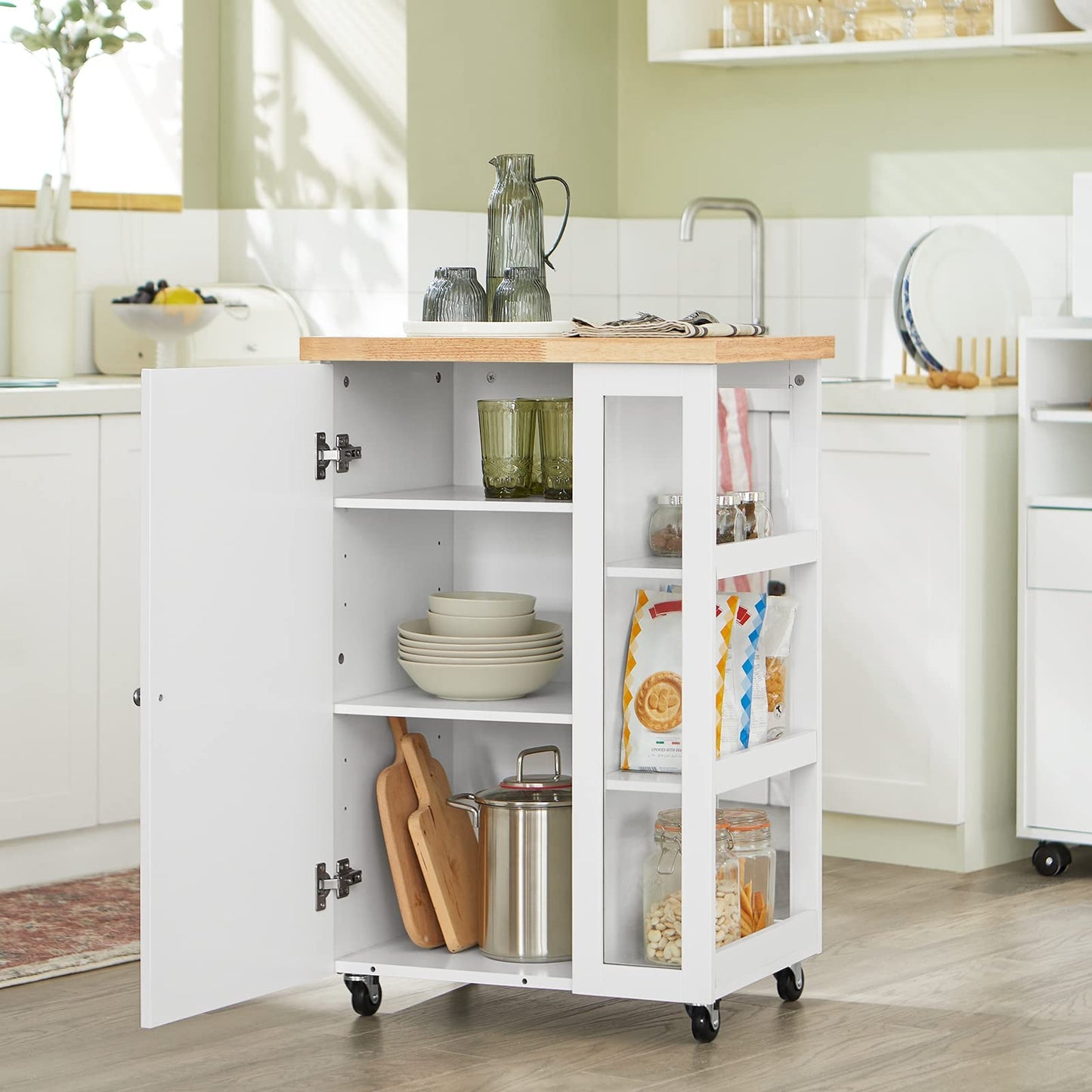 SoBuy rolling kitchen cart serving cart side table with 3 shelves kitchen cart for kitchen, living room, dining room white-natural BHT approx. 60x90x40cm FKW75-WN
