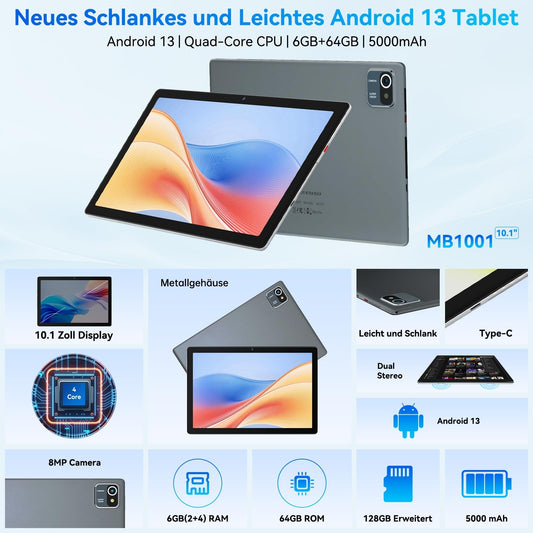 Yicty Tablet 10 Inch Android Tablets 6GB RAM + 64GB ROM Quad-Core 5000mAh 1280 x 800 HD Touchscreen 5MP + 8MP HD Camera Bluetooth 5.2 Tablet PC (Gray)