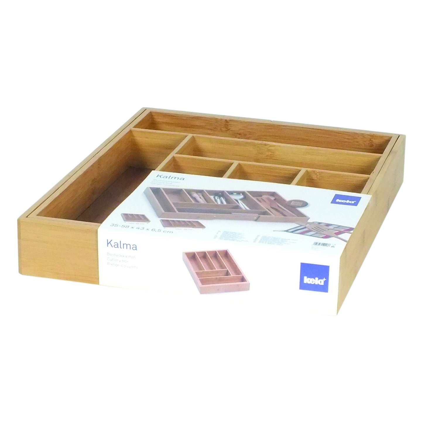 Kela bamboo cutlery tray for drawers 35-58 x 43 x 6.5 cm, extendable, drawer insert with 6 or 8 compartments, KALMA, drawer organizer kitchen