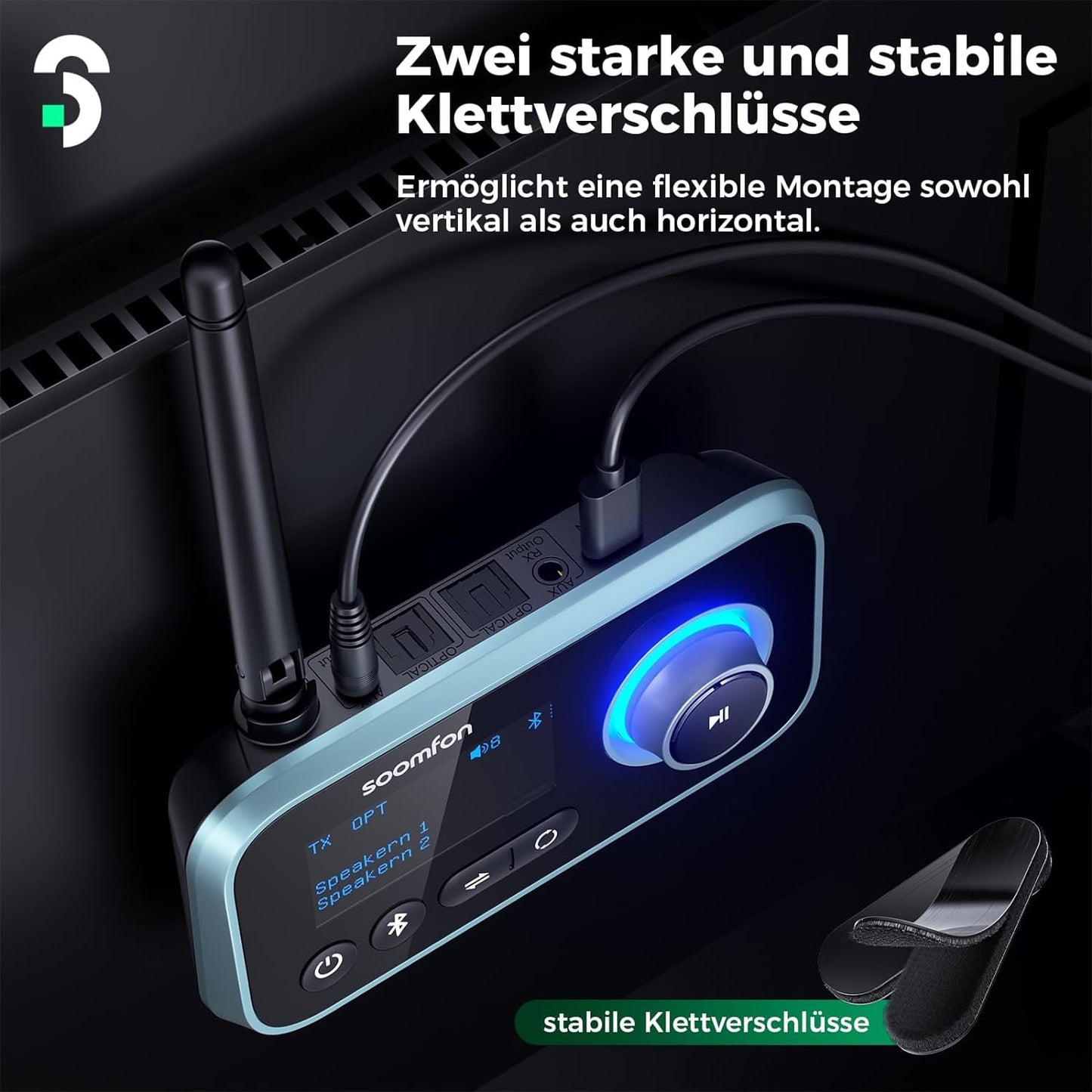 3-in-1 Bluetooth 5.0 transmitter receiver for 2 headphones, SOOMFON Bluetooth adapter for TV PC stereo system, low latency BT transmitter receiver with volume control, aux/RCA/optical.