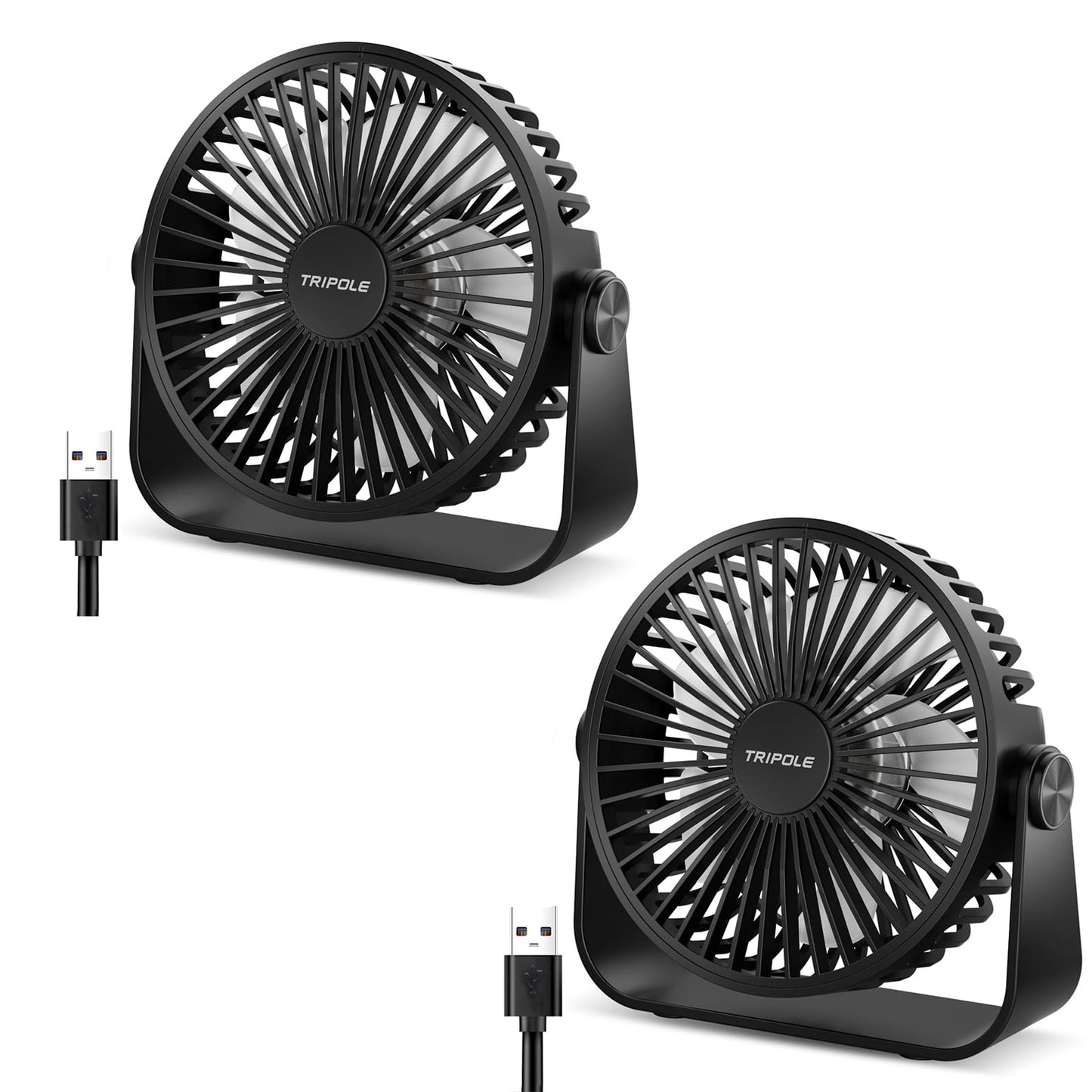TriPole 2 Pack USB Desk Fan, 3 Speeds Strong, 360° Rotation Personal Wind Table Fan, Portable Mini Fan for Table Home Bedroom Office, Black