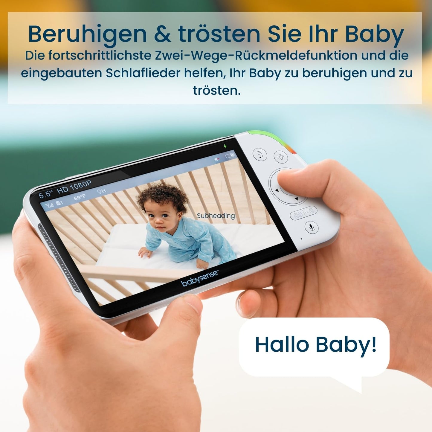 Babysense baby monitor with camera and 5.5-inch 1080p full HD split screen display, 2 cameras, RGB night light, 5000mAh large battery, 2-way audio, 4X zoom, no WiFi, Model: MaxView-2CAM