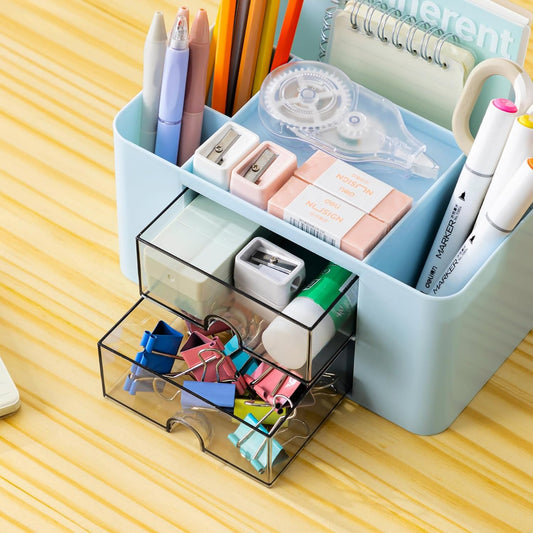 Creative & simple desk organizer, 6 compartments, plastic desk organizer with drawer, multifunctional desk organizer, pencil holder for school, office, home (Blue)
