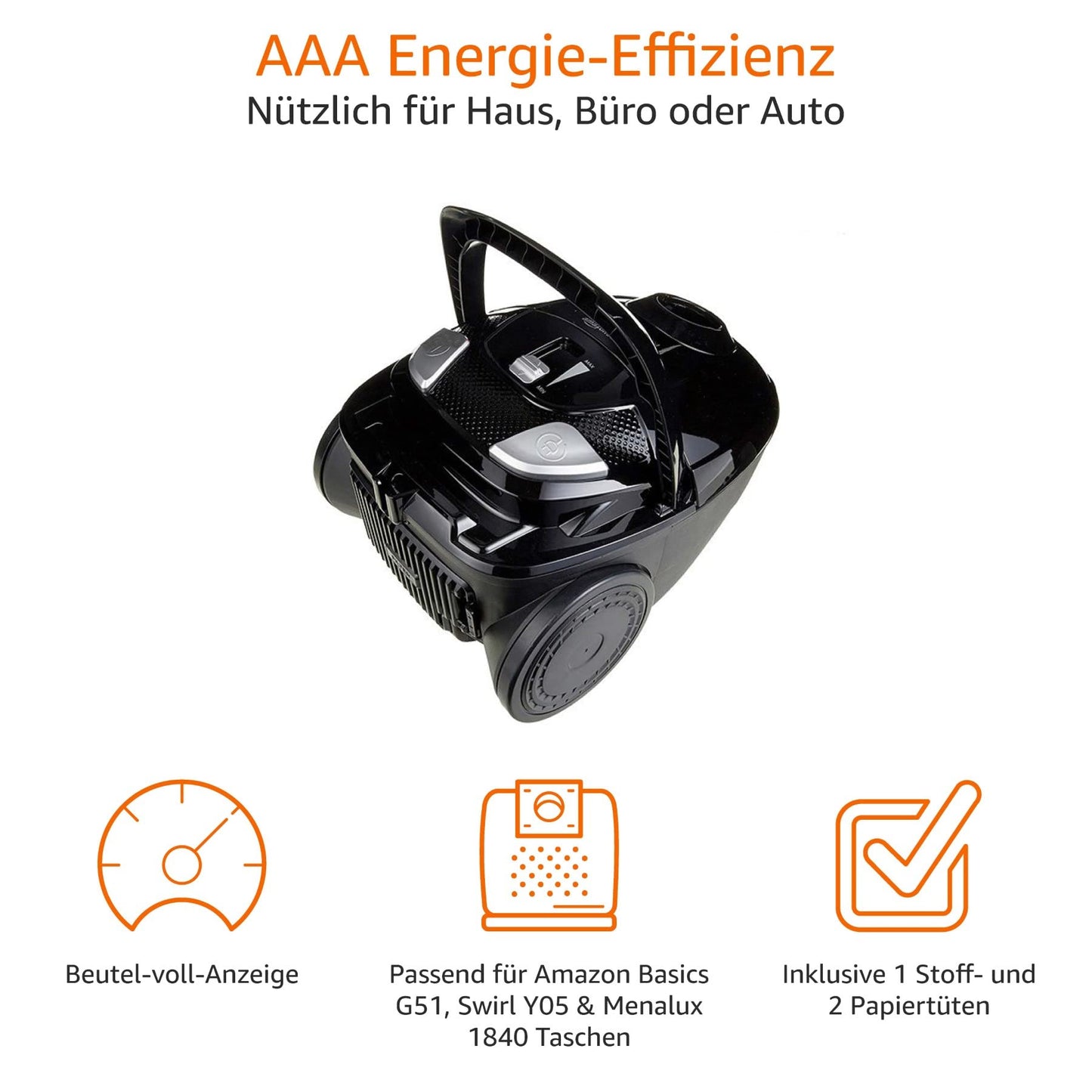 Amazon Basics Bagged Vacuum Cleaner - VCB35B15C-1J7W-70, powerful, compact, and lightweight, for hard floors and carpets, HEPA filter, 700W, 1.5L, EU, Black