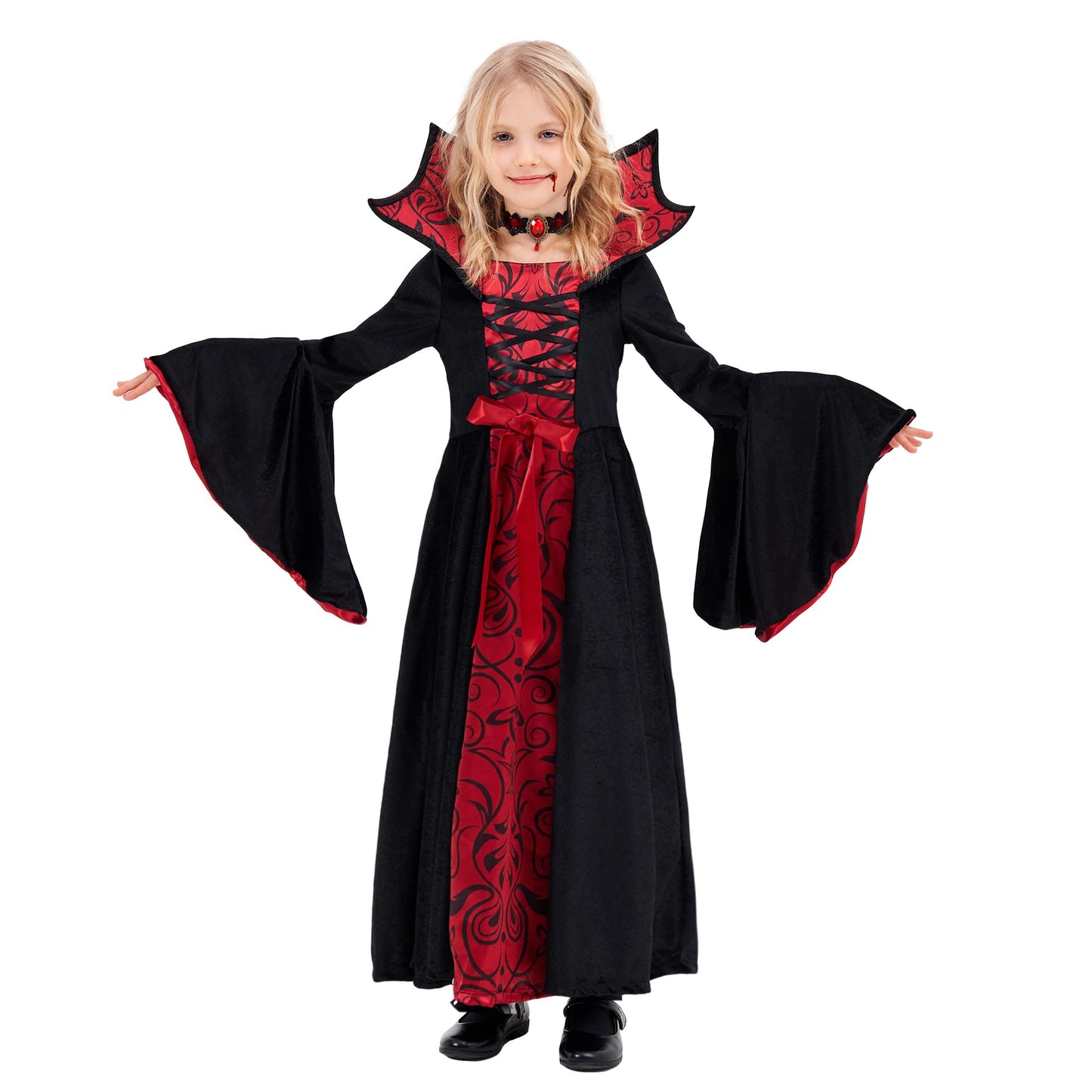 Funnlot Vampire Costume Girls Gothic Halloween Costume Dress with Vampire Teeth Kids Carnival Costume Cosplay M(7-9 Years)