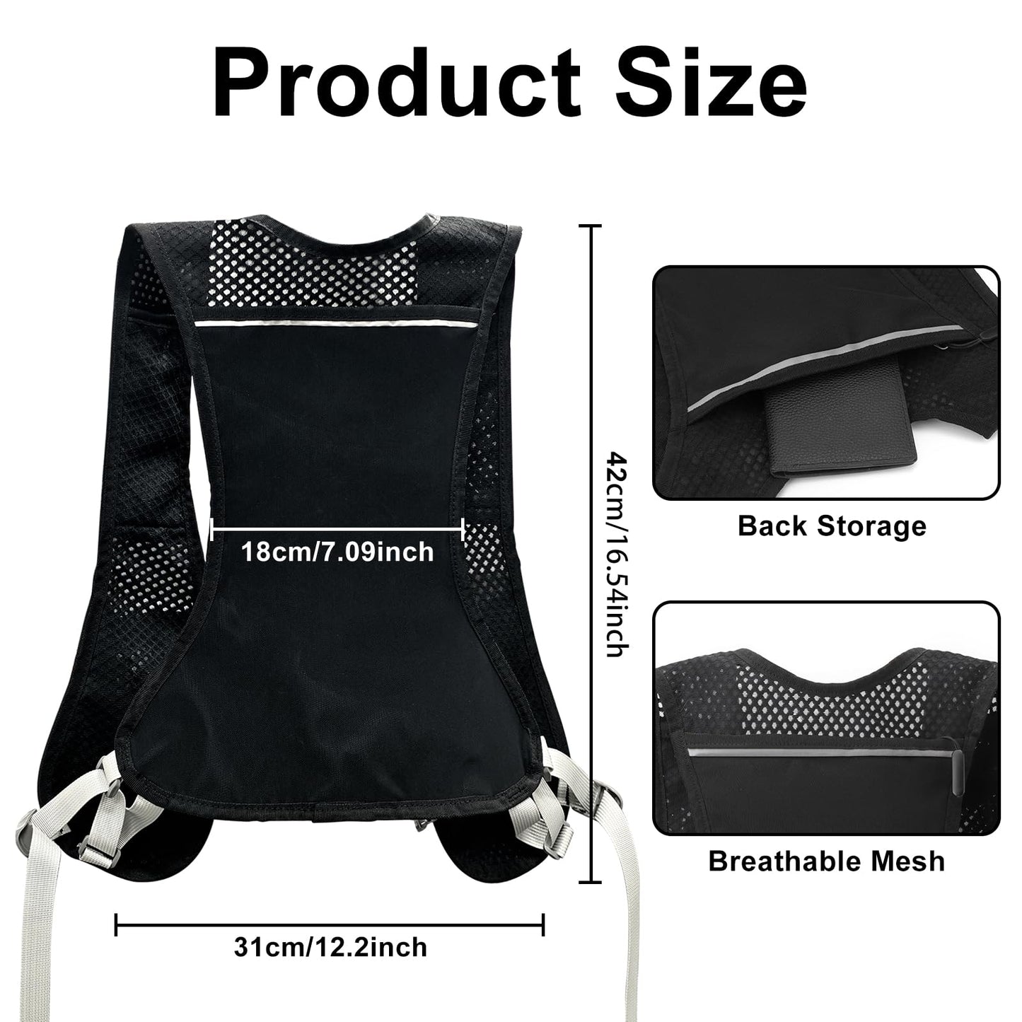 Running vest for women and men. Reflective hydration pack with 2 x 500 ML, adjustable chest straps, soft water bottles, front and back zipper backpack for cycling, hiking, running, outdoor activities.