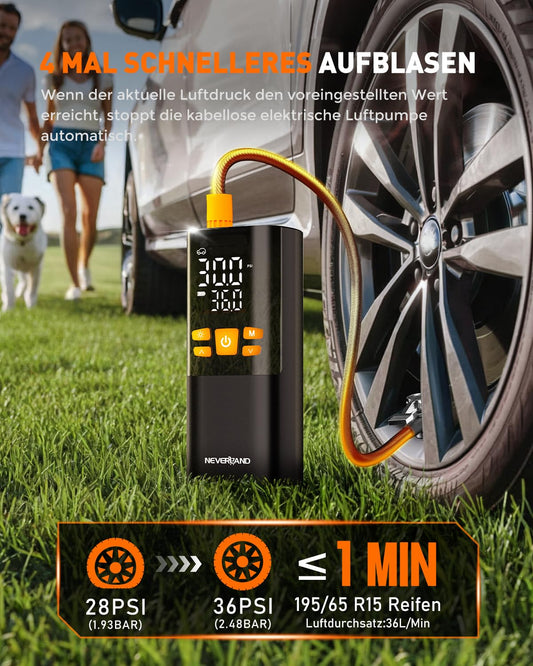 NEVERLAND Electric Air Pump - 150 PSI 16000mAh Portable Mini Air Pump for Car, Motorcycle, Bicycle & Balls, with Gauge, LED Flashlight, Powerbank Function.