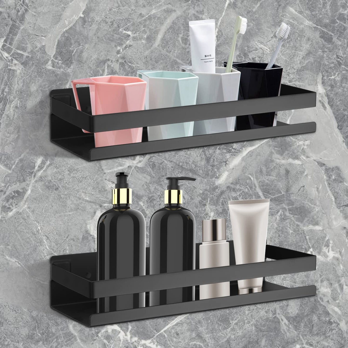 JiGiU shower shelf without drilling, 2 pieces stainless steel bathroom organizer, self-adhesive or drill, black shower caddy with large capacity for bathroom kitchen.